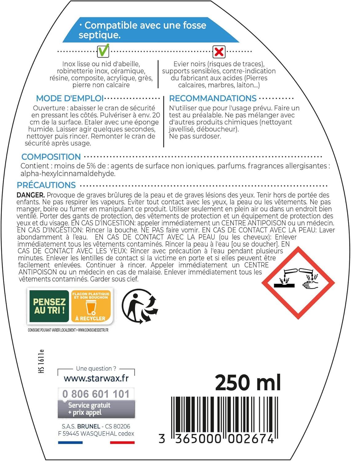 image:imageSTARWAX Dsinfectant frigo et microondes Sans javel Apte au contact alimentaire Tue 999 des bactries et virus Fabriqu en France 250mlEvier 250ml