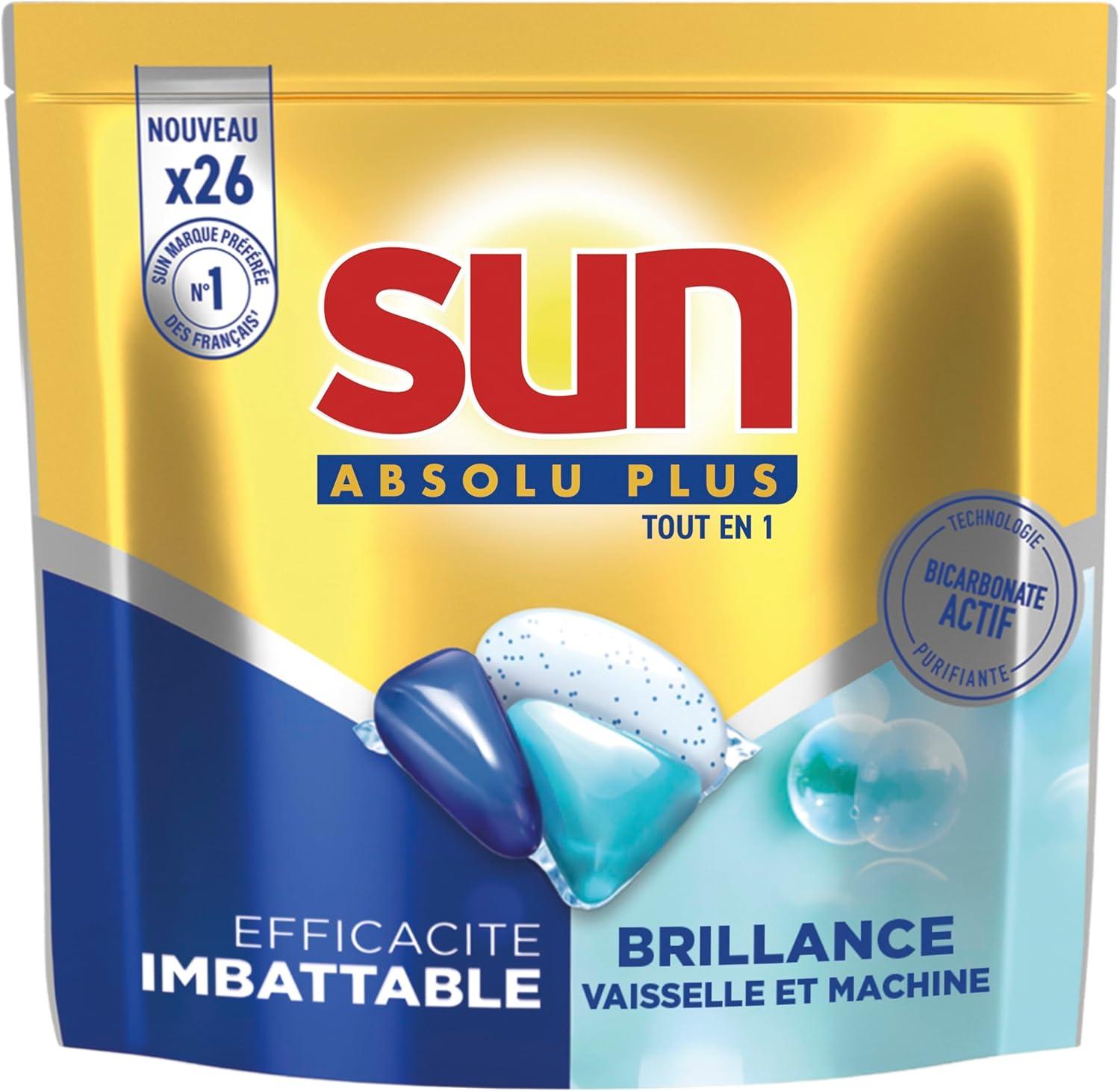 image:imageSUN Absolu Plus Pastilles LaveVaisselle Tout en 1 Bicarbonate Actif 26 Capsules brillance tablettes imbattables sur les taches tenacesBicarbonate