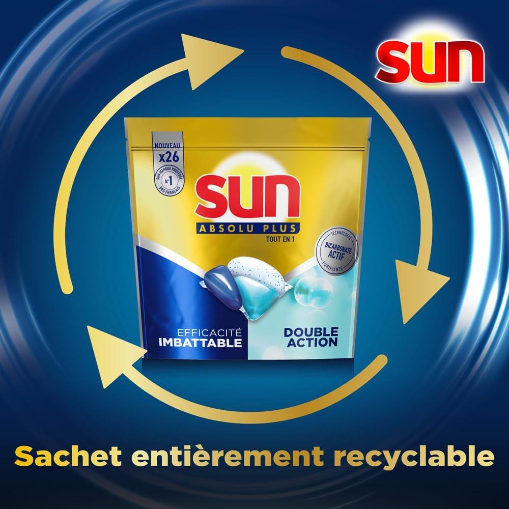 image:imageSUN Absolu Plus Pastilles LaveVaisselle Tout en 1 Bicarbonate Actif 26 Capsules brillance tablettes imbattables sur les taches tenacesBicarbonate
