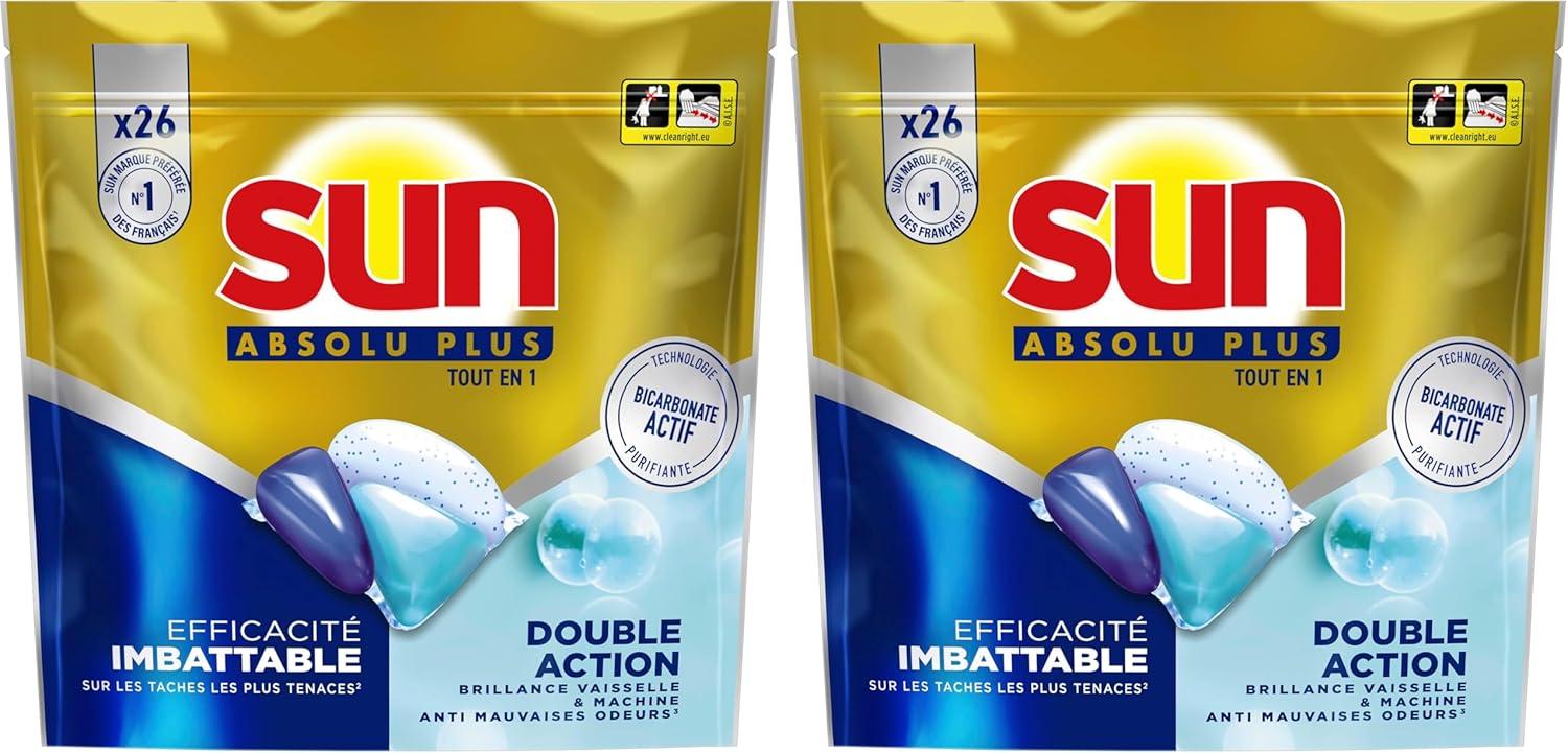 image:imageSUN Absolu Plus Pastilles LaveVaisselle Tout en 1 Bicarbonate Actif 26 Capsules brillance tablettes imbattables sur les taches tenacesBicarbonate