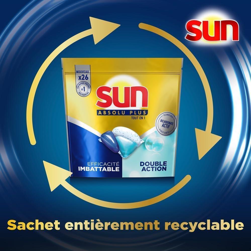 image:imageSUN Absolu Plus Pastilles LaveVaisselle Tout en 1 Bicarbonate Actif 26 Capsules brillance tablettes imbattables sur les taches tenacesBicarbonate
