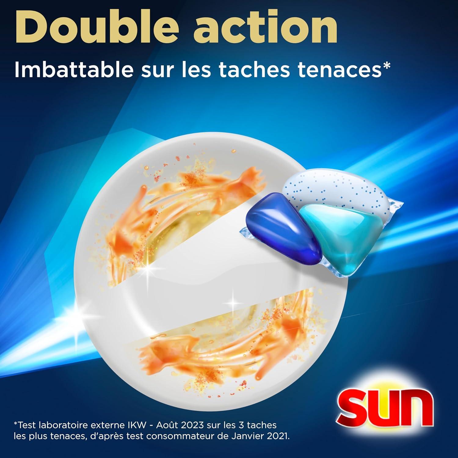 image:imageSUN Absolu Plus Pastilles LaveVaisselle Tout en 1 Bicarbonate Actif 26 Capsules brillance tablettes imbattables sur les taches tenacesBicarbonate