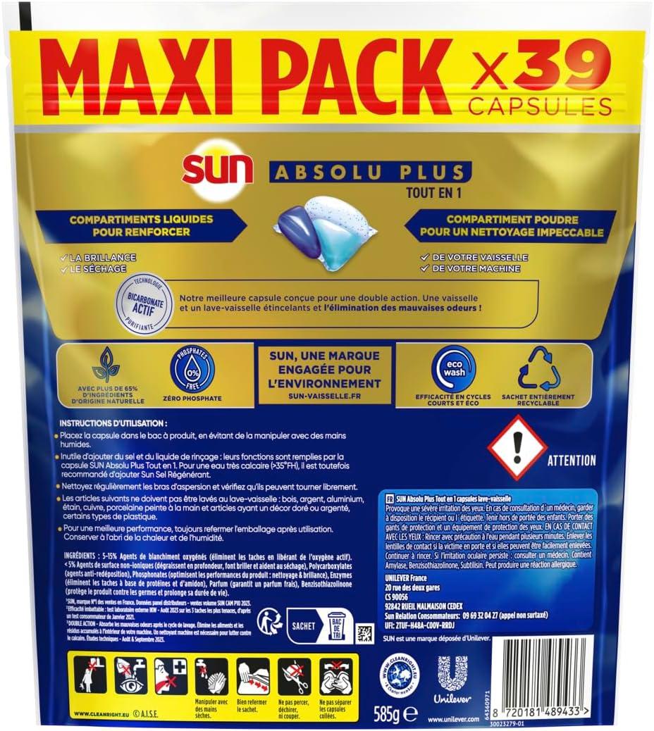 image:imageSUN Absolu Plus Pastilles LaveVaisselle Tout en 1 Bicarbonate Actif 26 Capsules brillance tablettes imbattables sur les taches tenacesBicarbonate