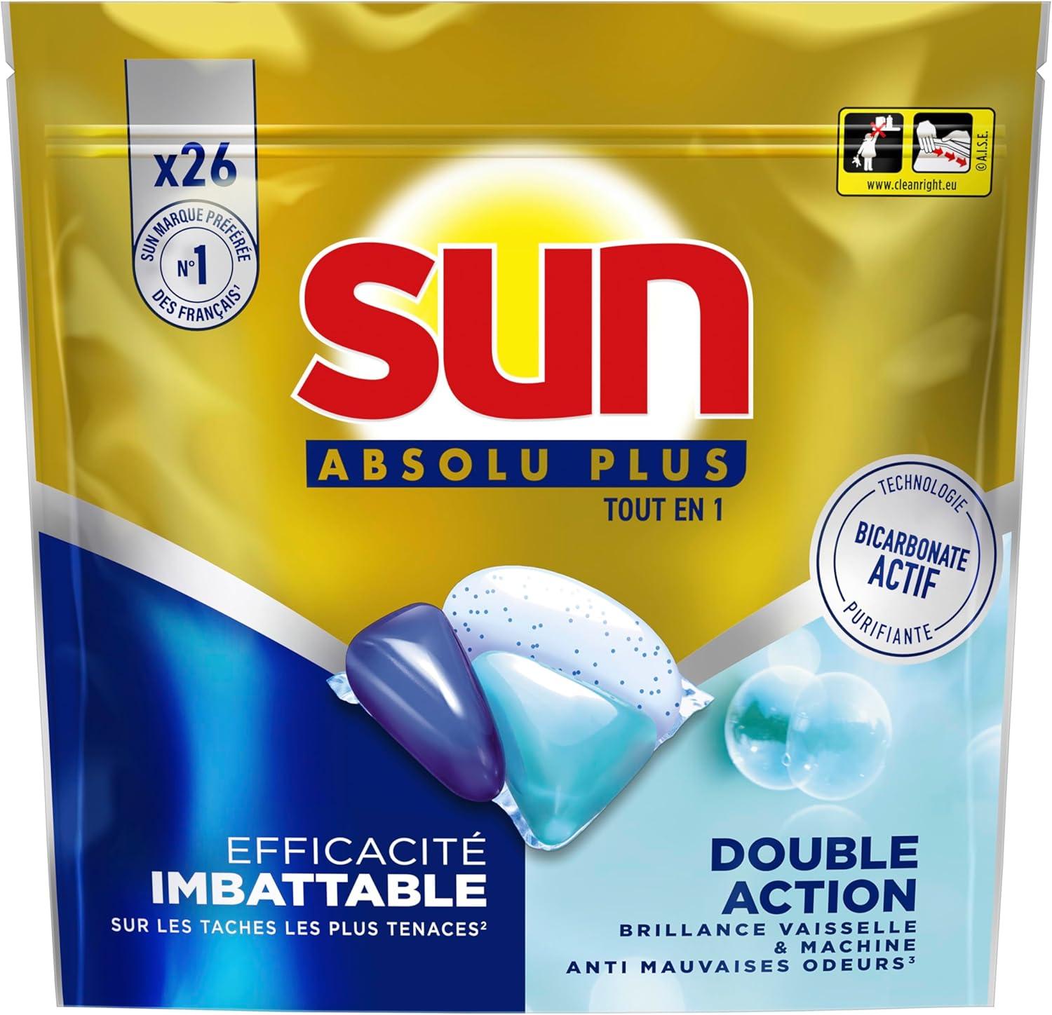 image:imageSUN Absolu Plus Pastilles LaveVaisselle Tout en 1 Bicarbonate Actif 26 Capsules brillance tablettes imbattables sur les taches tenacesBicarbonate