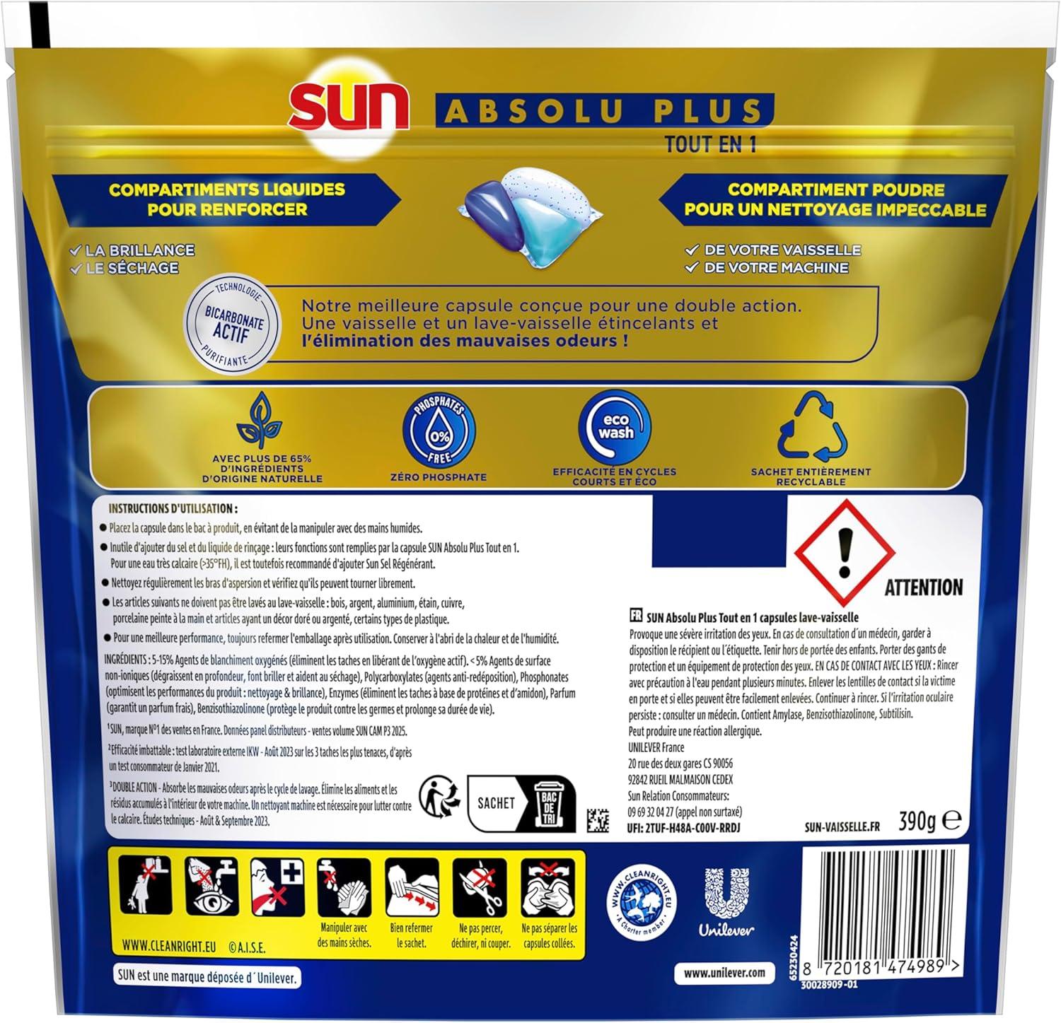 image:imageSUN Absolu Plus Pastilles LaveVaisselle Tout en 1 Bicarbonate Actif 26 Capsules brillance tablettes imbattables sur les taches tenacesBicarbonate