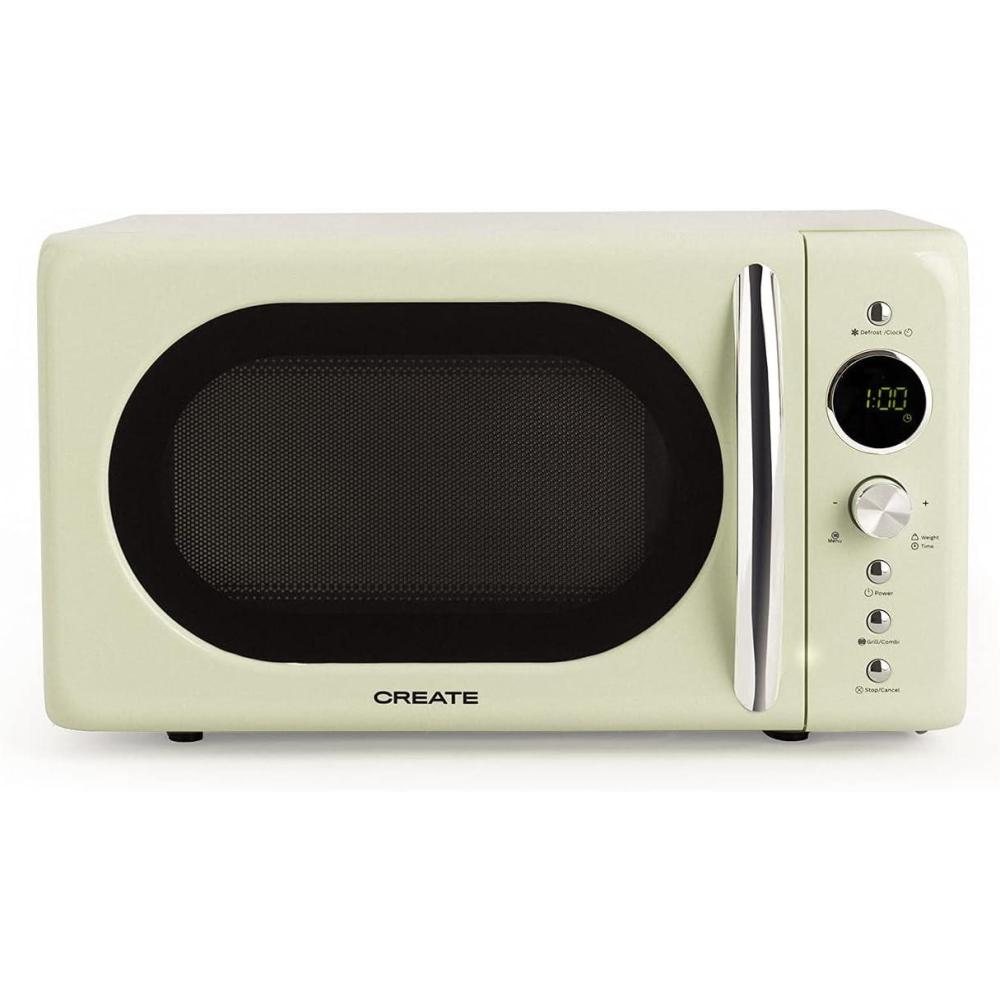 image:imageCREATEMICROWAVE STUDIOMicroondes avec fonction grill et four blanc cassCapacit 23L plateau 285 mm 10 niveaux de puissance 8 programmes automatiques 3 modes grill cran LED 1000WVert Pastel