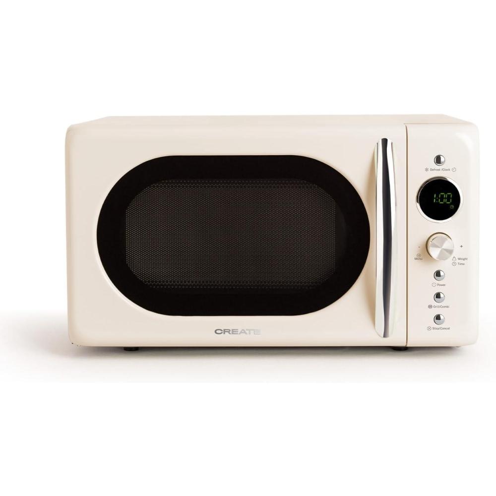 image:imageCREATEMICROWAVE STUDIOMicroondes avec fonction grill et four blanc cassCapacit 23L plateau 285 mm 10 niveaux de puissance 8 programmes automatiques 3 modes grill cran LED 1000WBlanc Cass