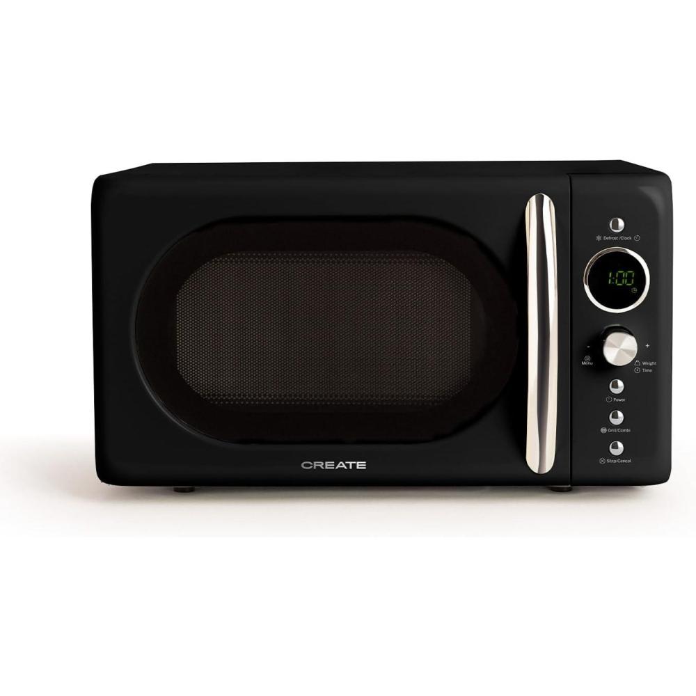 image:imageCREATEMICROWAVE STUDIOMicroondes avec fonction grill et four blanc cassCapacit 23L plateau 285 mm 10 niveaux de puissance 8 programmes automatiques 3 modes grill cran LED 1000WNoir
