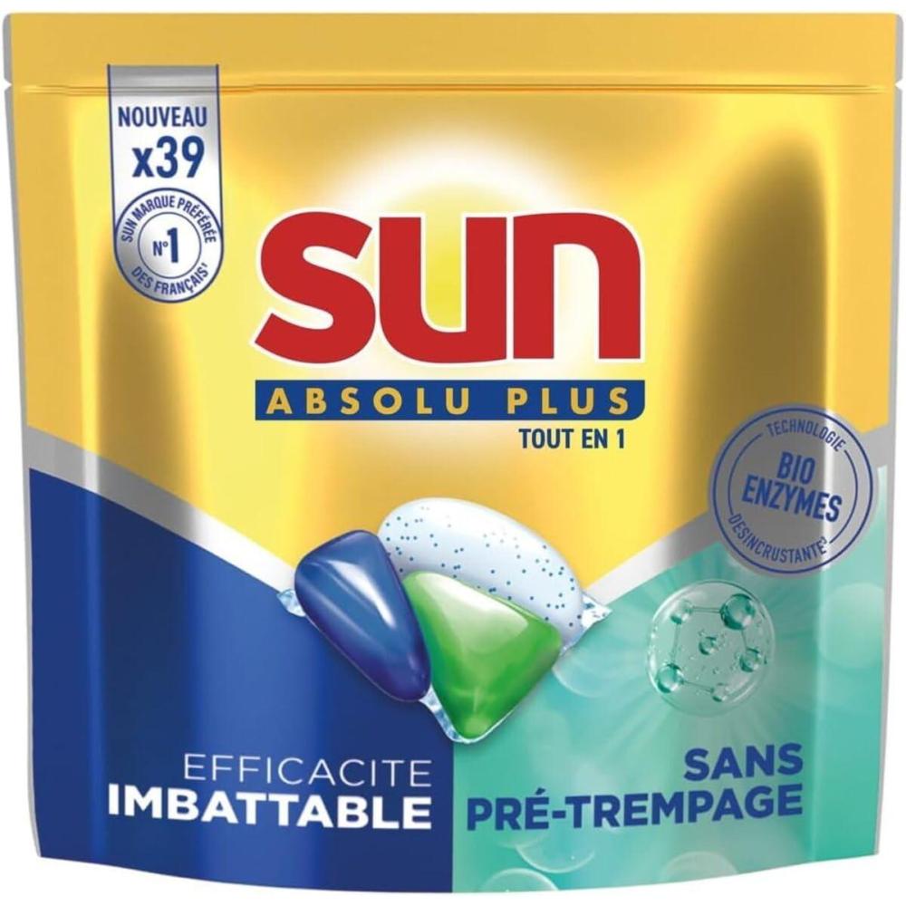image:imageSUN Absolu Plus Pastilles LaveVaisselle Tout en 1 Bicarbonate Actif 26 Capsules brillance tablettes imbattables sur les taches tenacesBio Enzymes