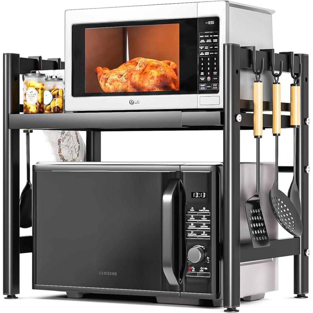 image:imageSupport pour Micro Onde et Four Extensible Etagere MicroOndes Support en Mtal Four Microtagre pour MicroOndes avec 6 Crochets Suspendus Meuble Micro Ondes Cuisine Rangement