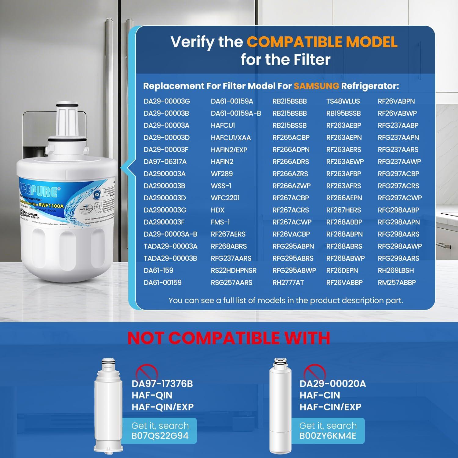 image:imageICEPURE Filtre eau pour rfrigrateur Compatible Avec Samsung DA2900003F DA2900003G Aqua Pure Plus Hafin DA2900003B DA2900003A DA9706317A RFC1100A 3 pices RWF1100A facture disponible3 Unit Lot de 1