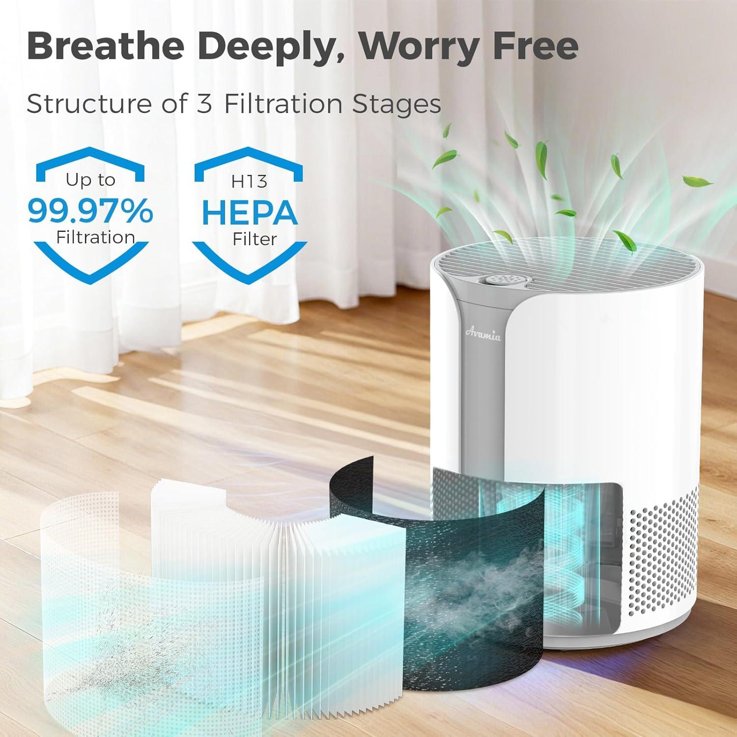 image:imageAvamia Purificateur dair avec filtre HEPA H13 diffuseur daromathrapie 3 vitesses filtre air silencieux 22 dB pour liminer la fume le pollen les poils danimaux et les pellicules blanc