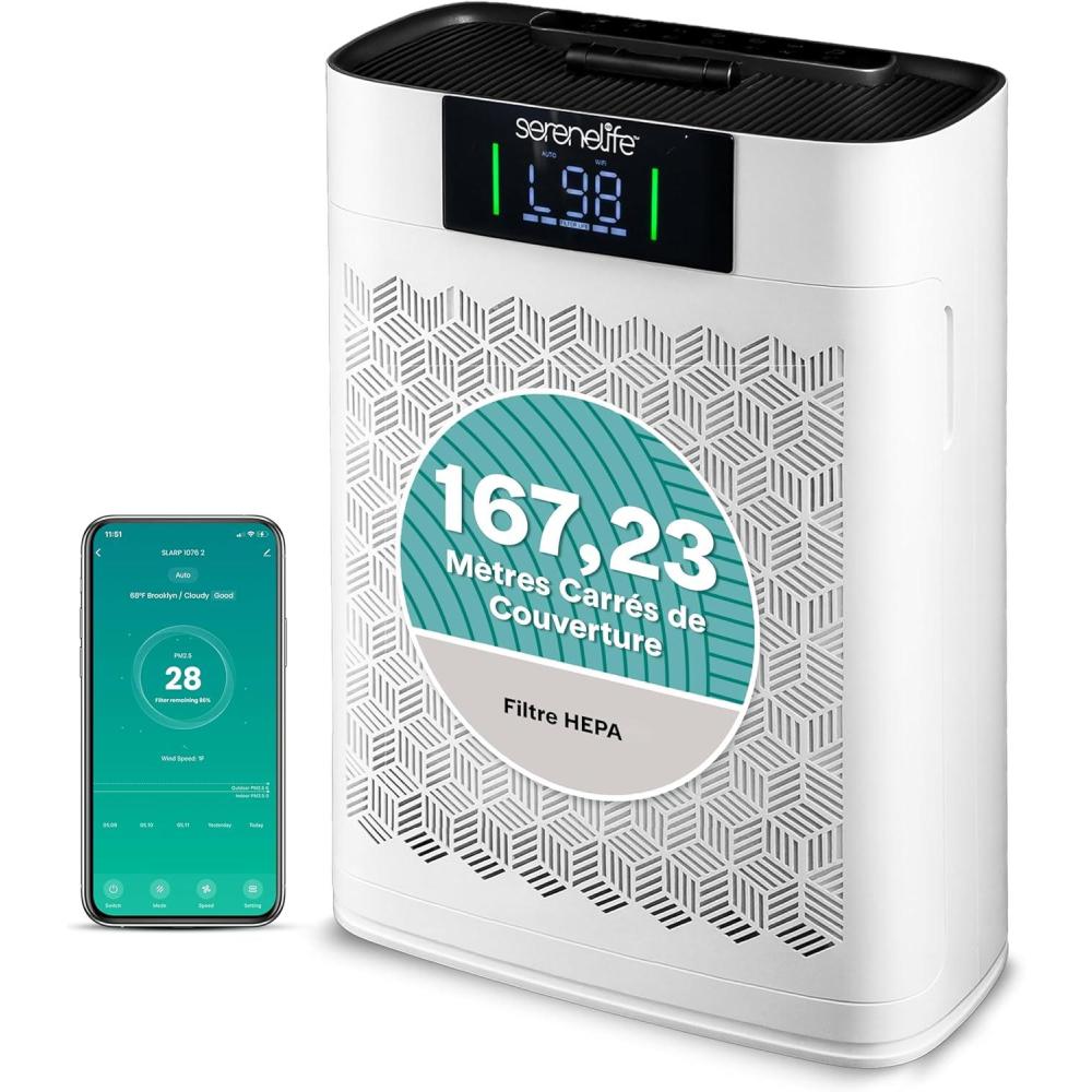 image:imageSerenelife Purificateur dAir HEPA Intelligent Jusqu 100 m WiFi et App Ultra Silencieux limine poussire poils danimaux et odeurs idal pour allergies Pour Maison Bureau NoirBlanc