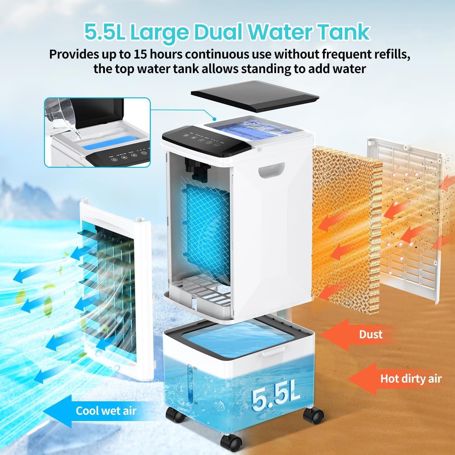 image:imageClimatiseur Mobile 3 en 1 Rafraichisseur dair Silencieux avec 55L Large Rservoir deau 3 Vitesses 7H Minuteries 60Oscillation Sans vacuation Climatiseur Portable pour ChambreCuisineBureau