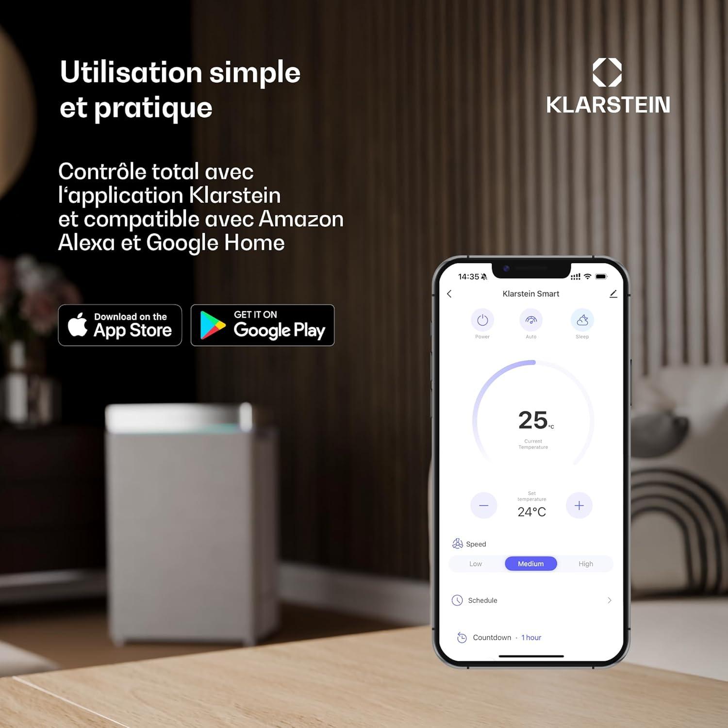image:imageKlarstein Climatiseur Mobile Silencieux Intelligent Mini Climatiseur 5 en 1 Refroidissement Purificateur Antibactrien Elimination des Odeurs Mode Nuit Dshumidificateur AC 15000 BTU BlancBlanc