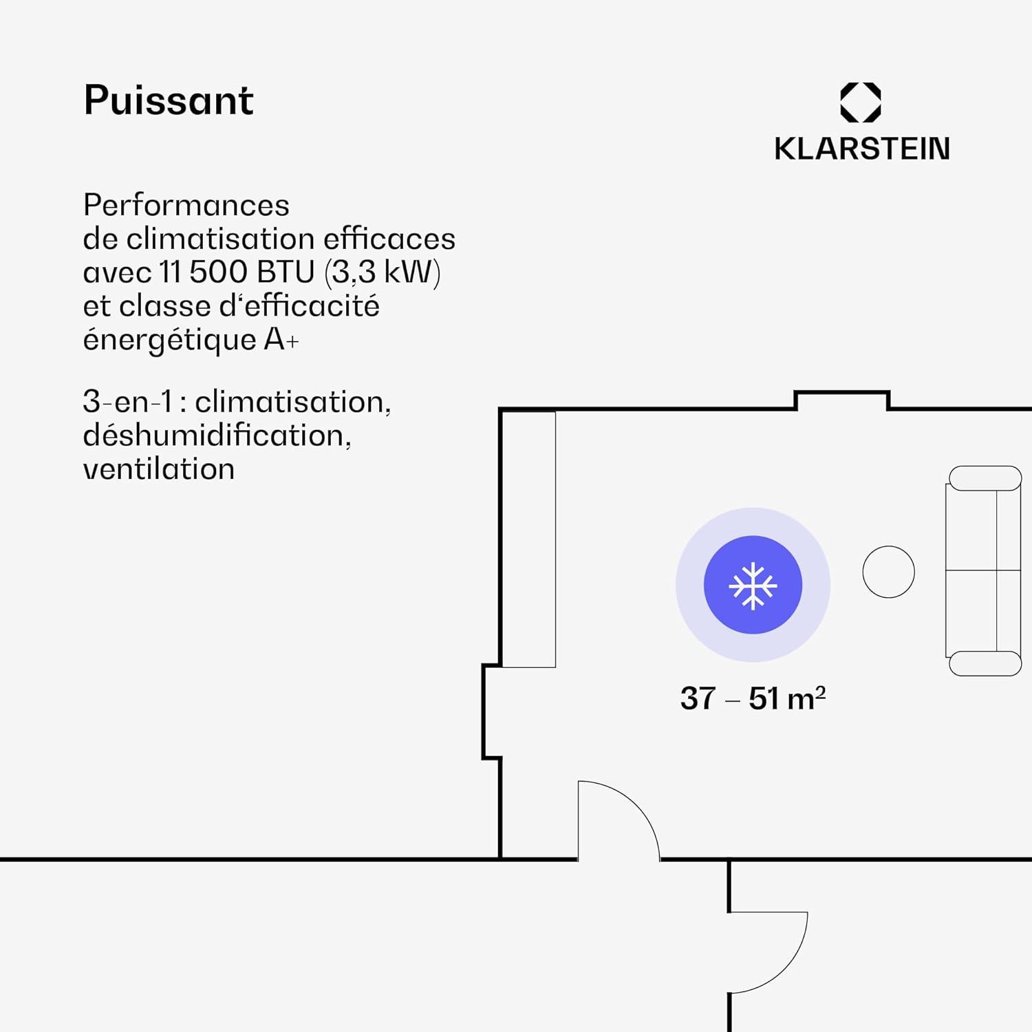 image:imageKlarstein Climatiseur Mobile Silencieux Smart Climatisation Portable 5 en 1 Mini Clim Purificateur et Elimination Odeurs Dshumidificateur dAir Mode Nuit Faible Conso 12K BTU ClimatiseursBlanc