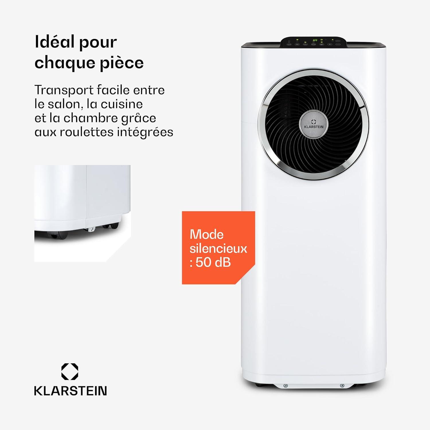 image:imageKlarstein Climatiseur Mobile Silencieux Smart Climatisation Portable 5 en 1 Mini Clim Purificateur et Elimination Odeurs Dshumidificateur dAir Mode Nuit Faible Conso 12K BTU ClimatiseursBlanc