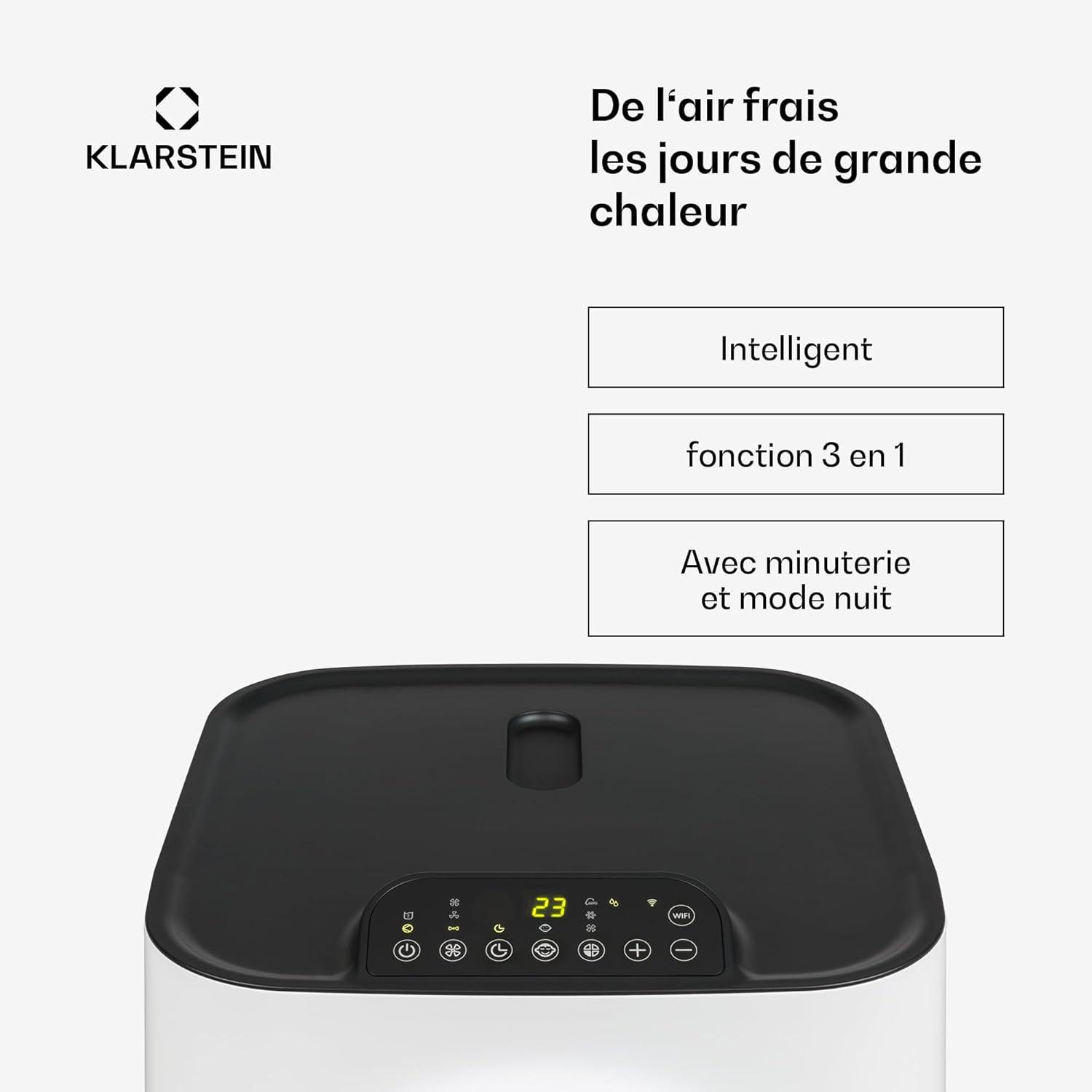image:imageKlarstein Climatiseur Mobile Silencieux Smart Climatisation Portable 5 en 1 Mini Clim Purificateur et Elimination Odeurs Dshumidificateur dAir Mode Nuit Faible Conso 12K BTU ClimatiseursBlanc