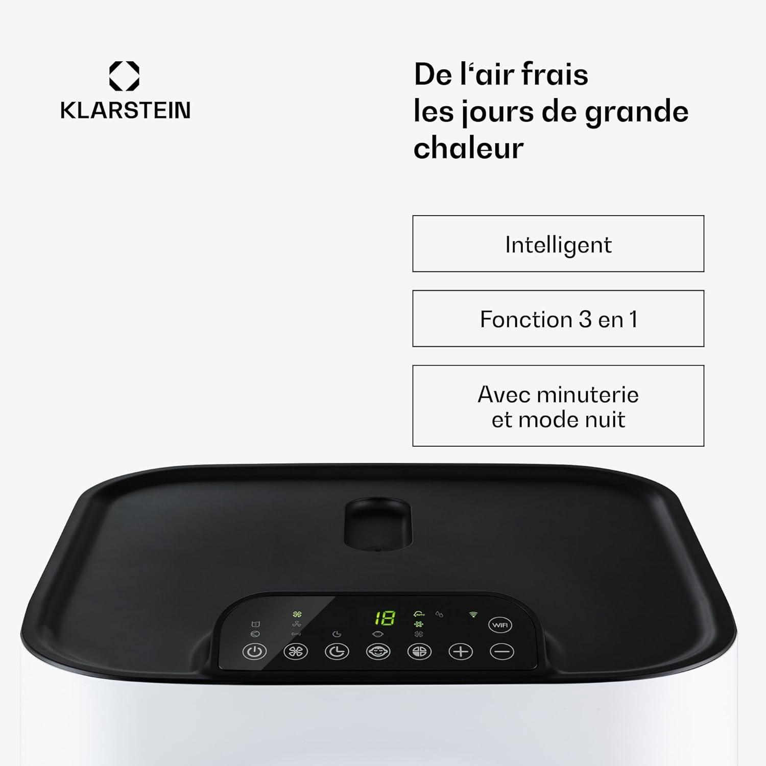 image:imageKlarstein Climatiseur Mobile Silencieux Smart Climatisation Portable 5 en 1 Mini Clim Purificateur et Elimination Odeurs Dshumidificateur dAir Mode Nuit Faible Conso 12K BTU ClimatiseursBlanc
