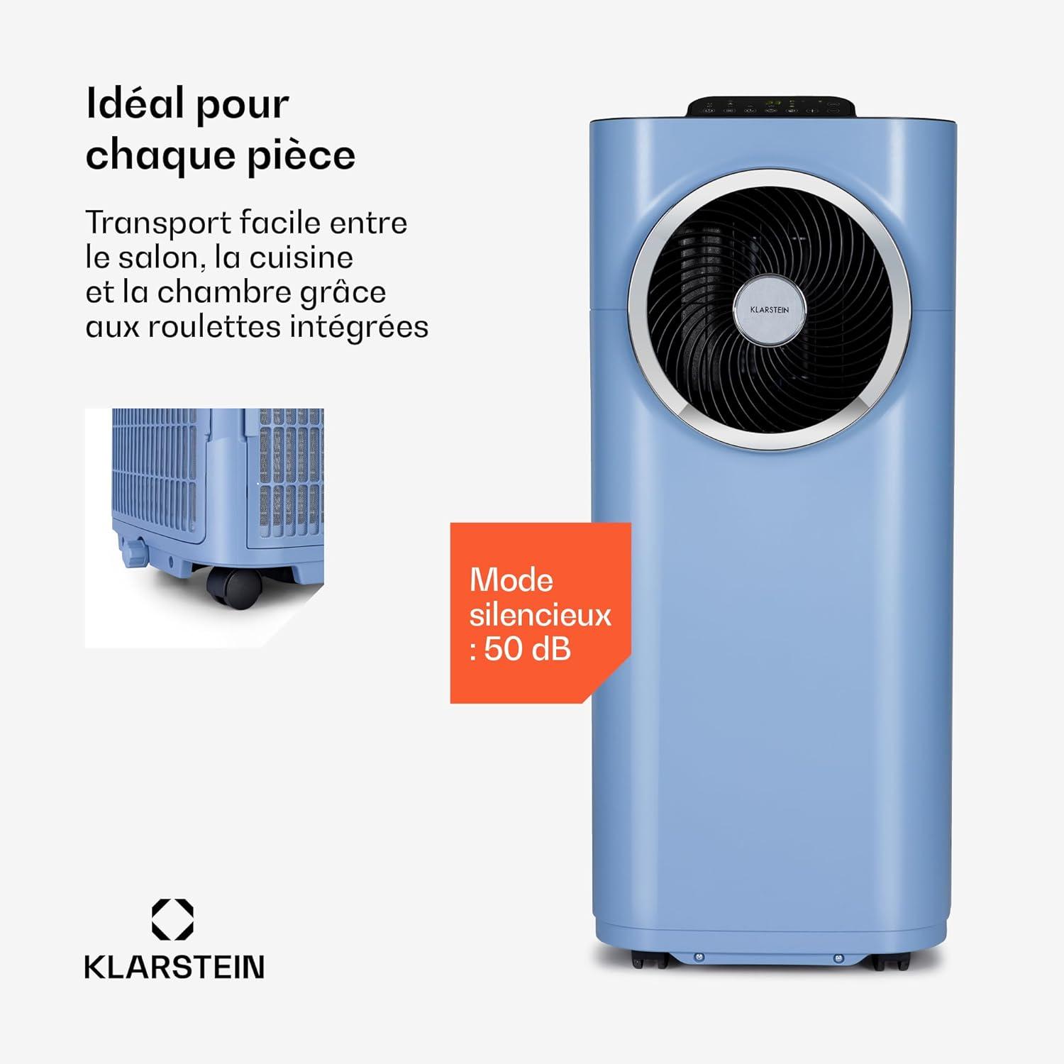 image:imageKlarstein Climatiseur Mobile Silencieux Smart Climatisation Portable 5 en 1 Mini Clim Purificateur et Elimination Odeurs Dshumidificateur dAir Mode Nuit Faible Conso 12K BTU ClimatiseursBleu Pastel