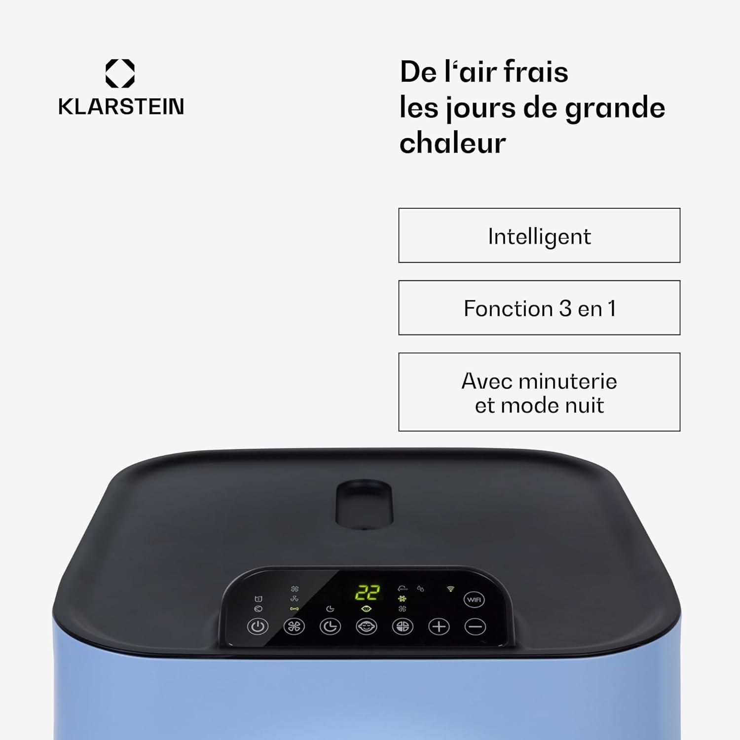 image:imageKlarstein Climatiseur Mobile Silencieux Smart Climatisation Portable 5 en 1 Mini Clim Purificateur et Elimination Odeurs Dshumidificateur dAir Mode Nuit Faible Conso 12K BTU ClimatiseursBleu Pastel
