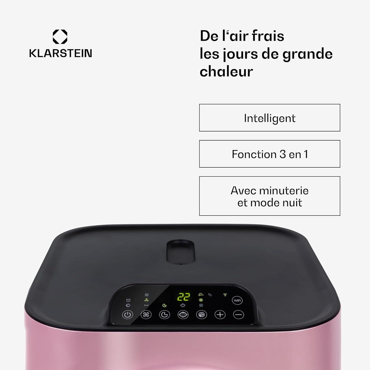 image:imageKlarstein Climatiseur Mobile Silencieux Smart Climatisation Portable 5 en 1 Mini Clim Purificateur et Elimination Odeurs Dshumidificateur dAir Mode Nuit Faible Conso 12K BTU ClimatiseursRose Dor