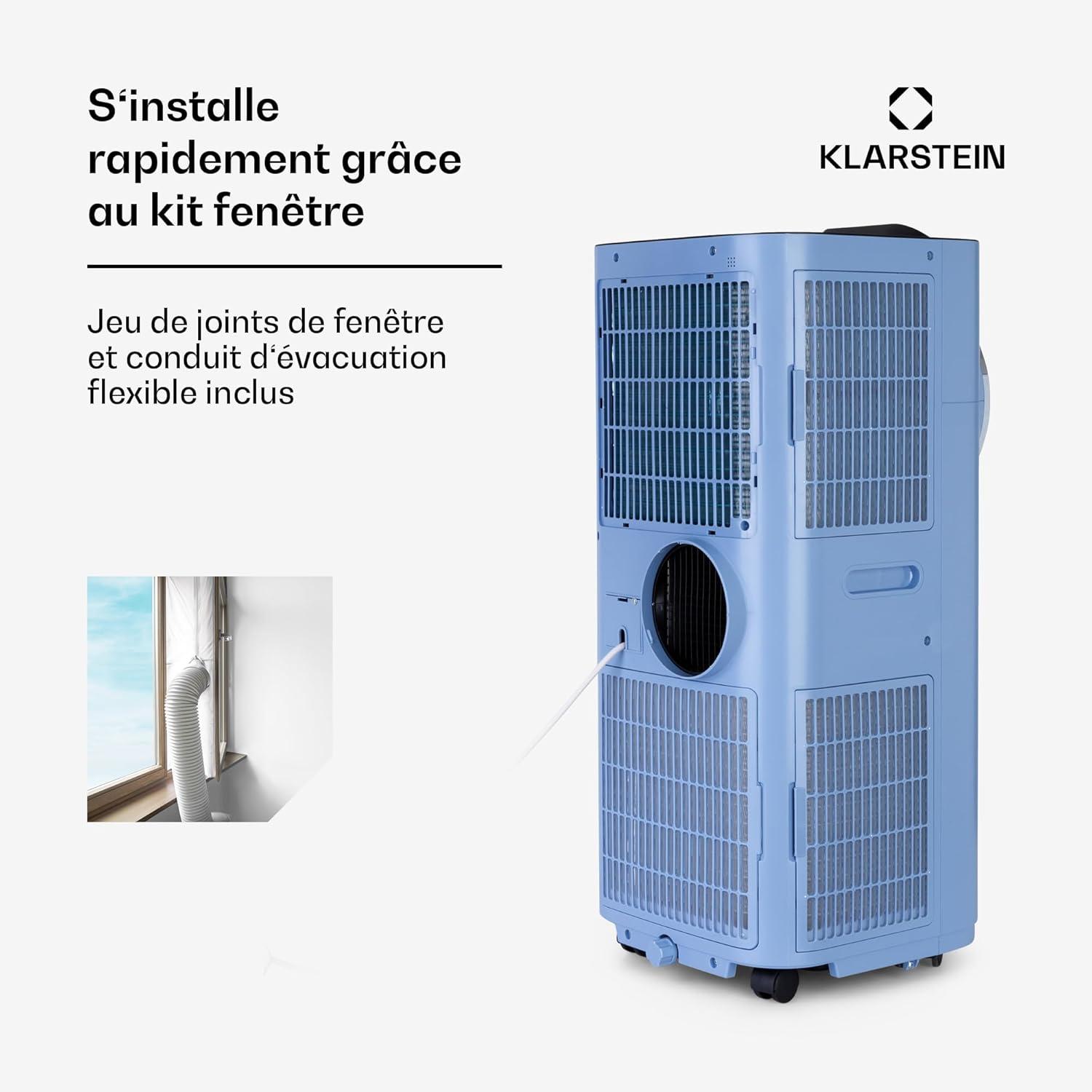 image:imageKlarstein Climatiseur Mobile Silencieux Smart Climatisation Portable 5 en 1 Mini Clim Purificateur et Elimination Odeurs Dshumidificateur dAir Mode Nuit Faible Conso 12K BTU ClimatiseursBleu Pastel