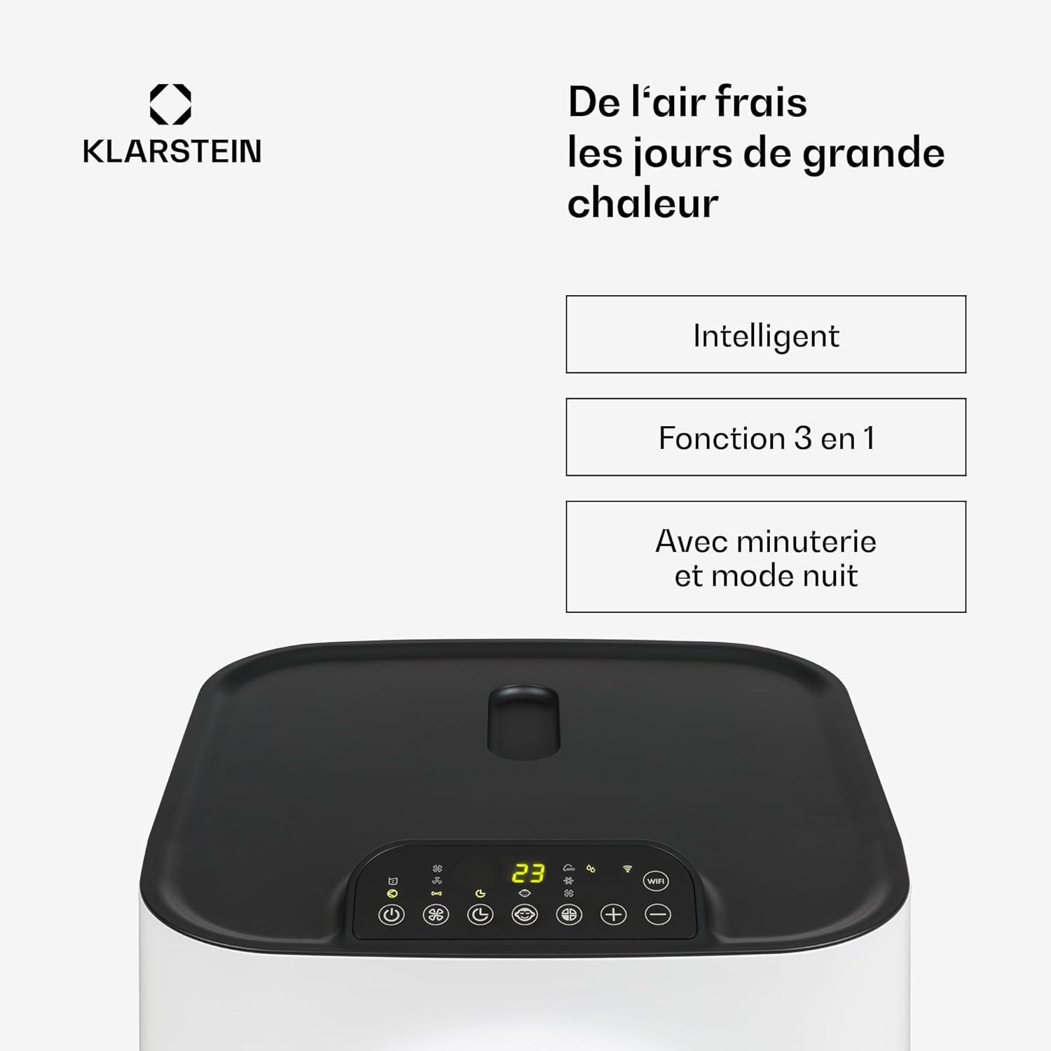 image:imageKlarstein Climatiseur Mobile Silencieux Smart Climatisation Portable 5 en 1 Mini Clim Purificateur et Elimination Odeurs Dshumidificateur dAir Mode Nuit Faible Conso 12K BTU ClimatiseursBlanc