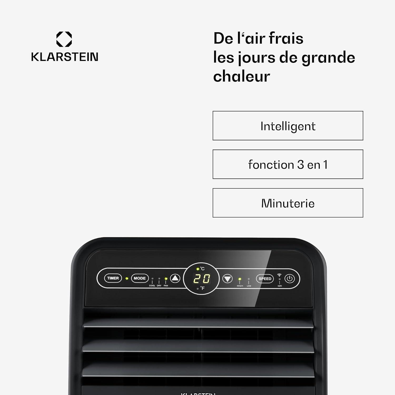 image:imageKlarstein Climatiseur Mobile Silencieux Smart Climatiseur 4 en 1 Mode Nuit Dshumidificateur Ventilateur Mini Climatisation Faible Conso Evacuation Clim Portable 12000 BTU ClimatiseursNoir
