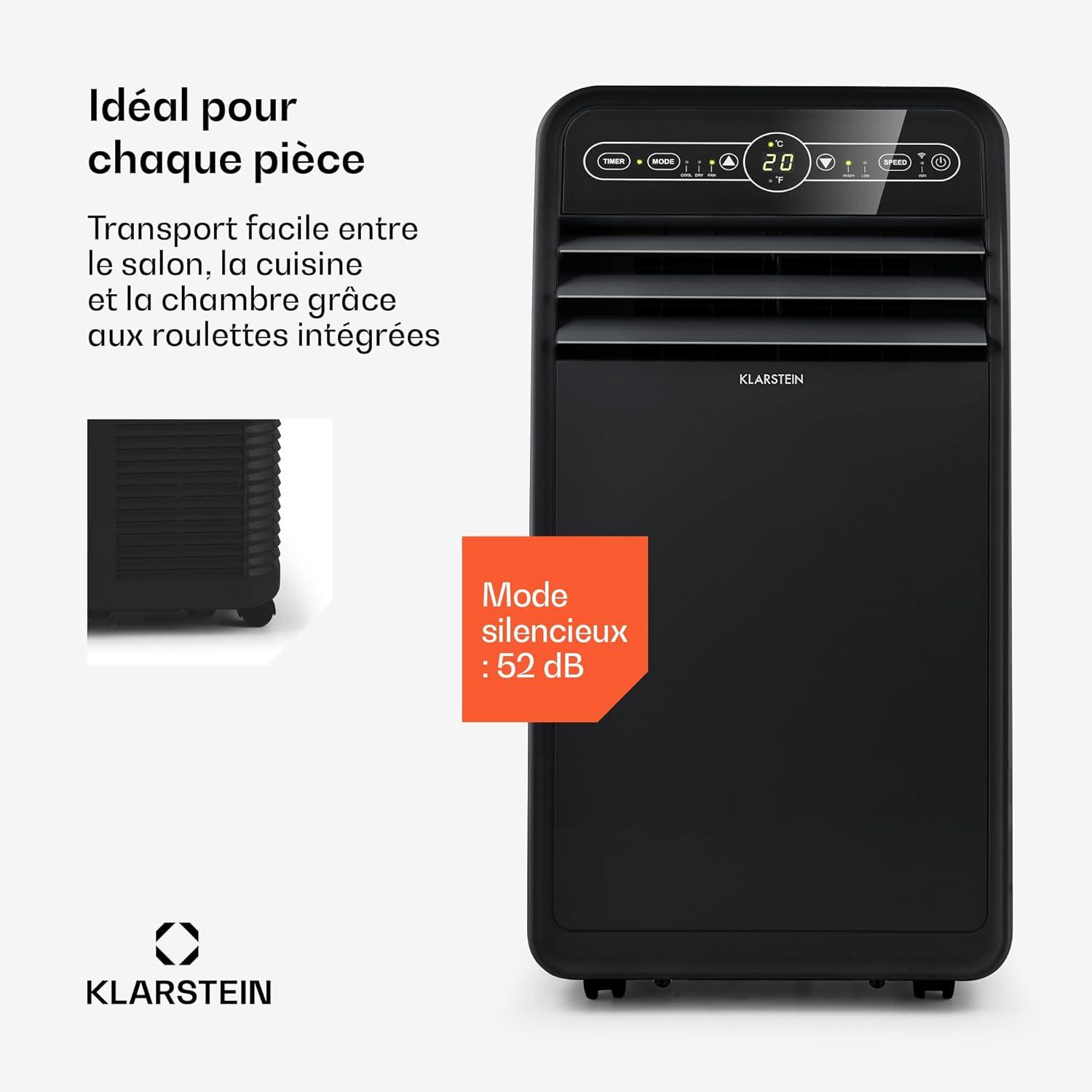 image:imageKlarstein Climatiseur Mobile Silencieux Smart Climatiseur 4 en 1 Mode Nuit Dshumidificateur Ventilateur Mini Climatisation Faible Conso Evacuation Clim Portable 12000 BTU ClimatiseursNoir