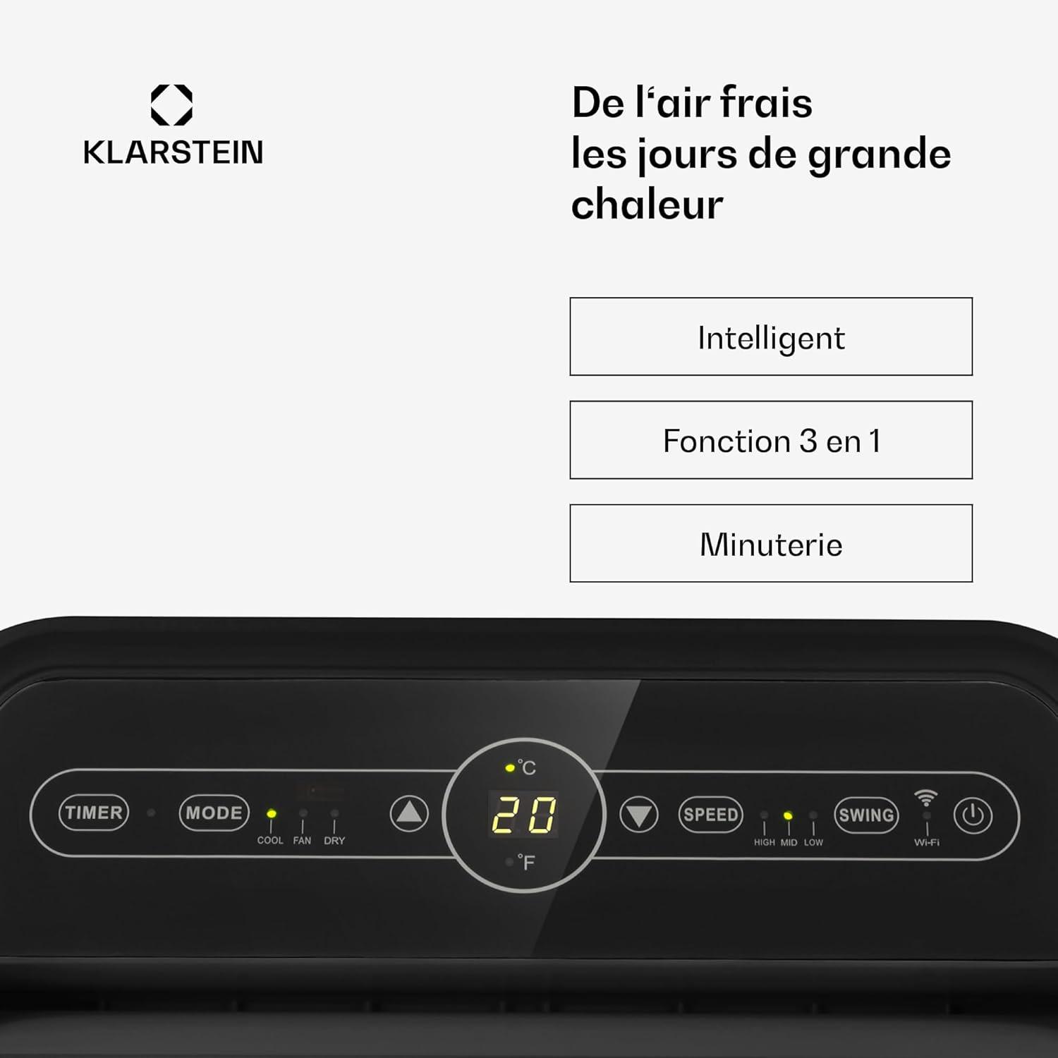 image:imageKlarstein Climatiseur Mobile Silencieux Smart Climatiseur 4 en 1 Mode Nuit Dshumidificateur Ventilateur Mini Climatisation Faible Conso Evacuation Clim Portable 12000 BTU ClimatiseursNoir