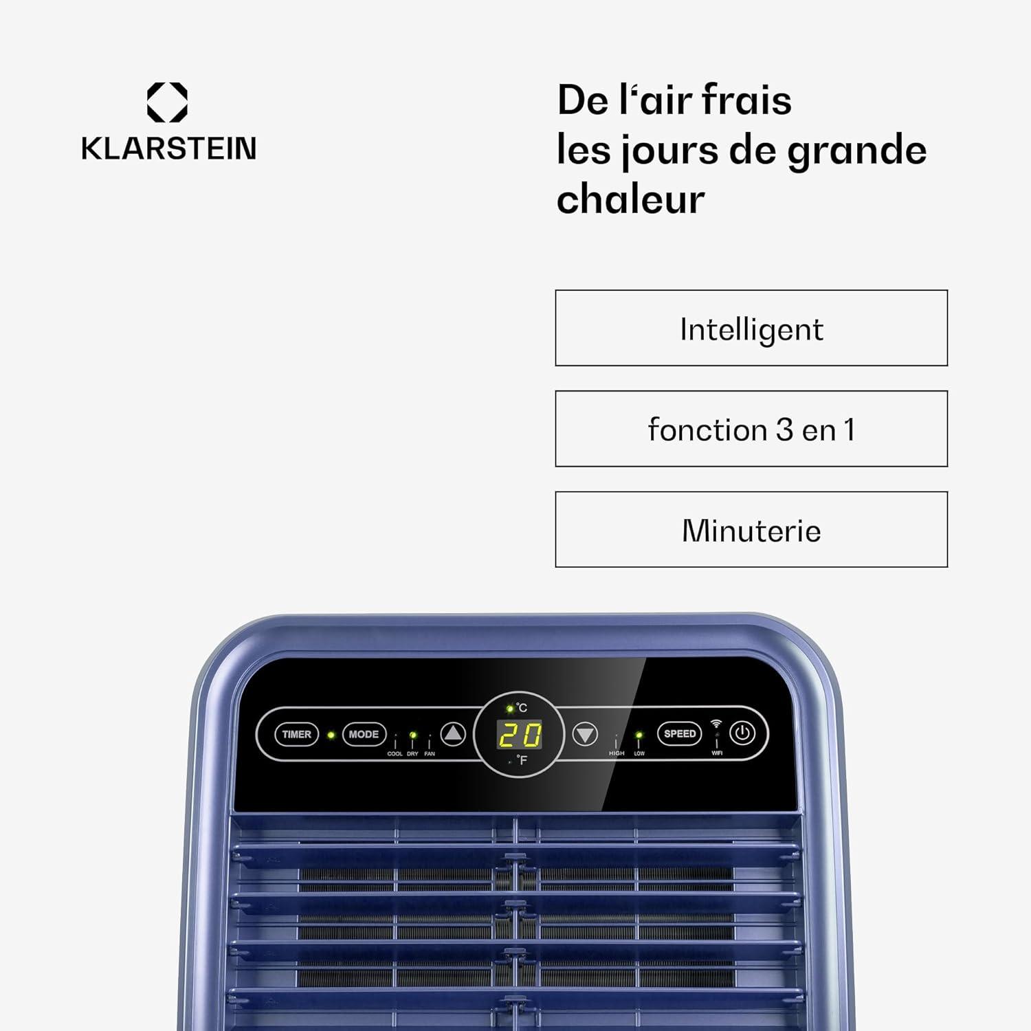 image:imageKlarstein Climatiseur Mobile Silencieux Smart Climatiseur 4 en 1 Mode Nuit Dshumidificateur Ventilateur Mini Climatisation Faible Conso Evacuation Clim Portable 12000 BTU ClimatiseursBleu