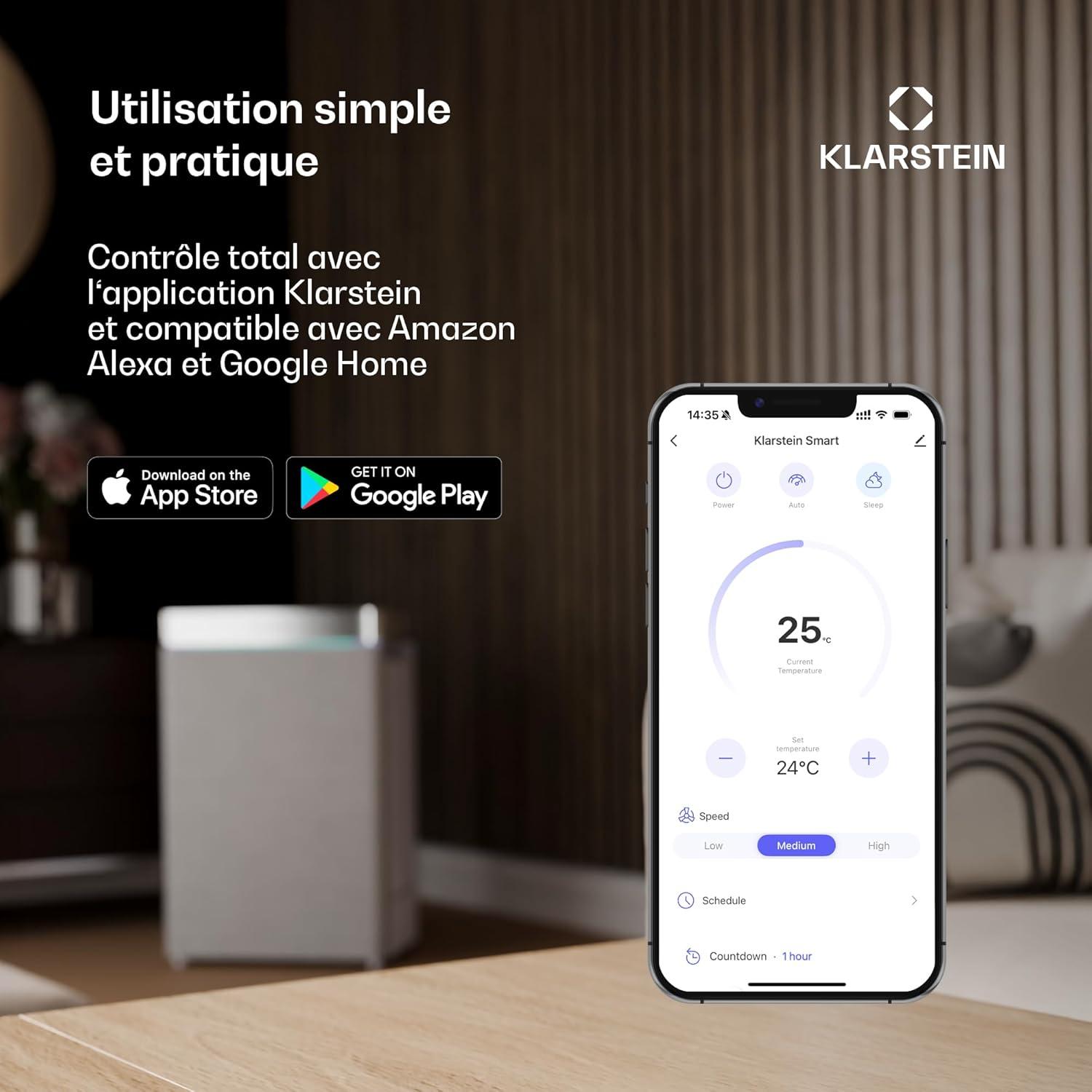 image:imageKlarstein Climatiseur Mobile Silencieux Smart Climatiseur 4 en 1 Mode Nuit Dshumidificateur Ventilateur Mini Climatisation Faible Conso Evacuation Clim Portable 12000 BTU ClimatiseursBleu