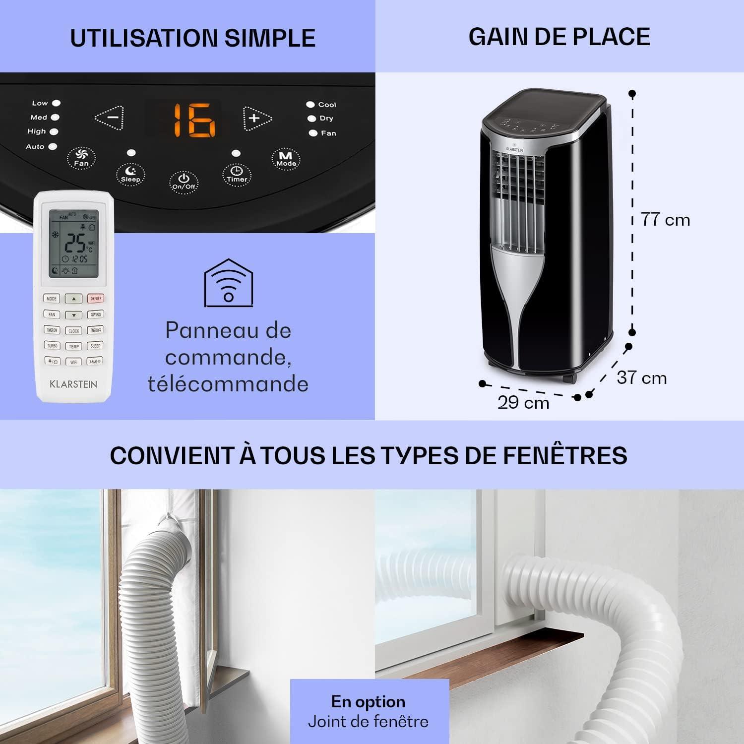 image:imageKlarstein Mini Climatiseur Mobile Silencieux 3 en 1 Mode Nuit Dshumidificateur Ventilateur Faible Conso Evacuation Clim Portable Puissant 10000 BTUNoirArgent