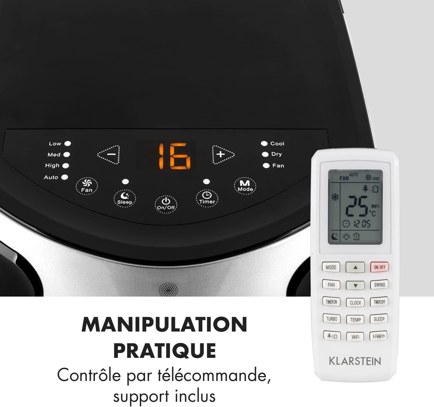 image:imageKlarstein Mini Climatiseur Mobile Silencieux 3 en 1 Mode Nuit Dshumidificateur Ventilateur Faible Conso Evacuation Clim Portable Puissant 10000 BTUNoirArgent