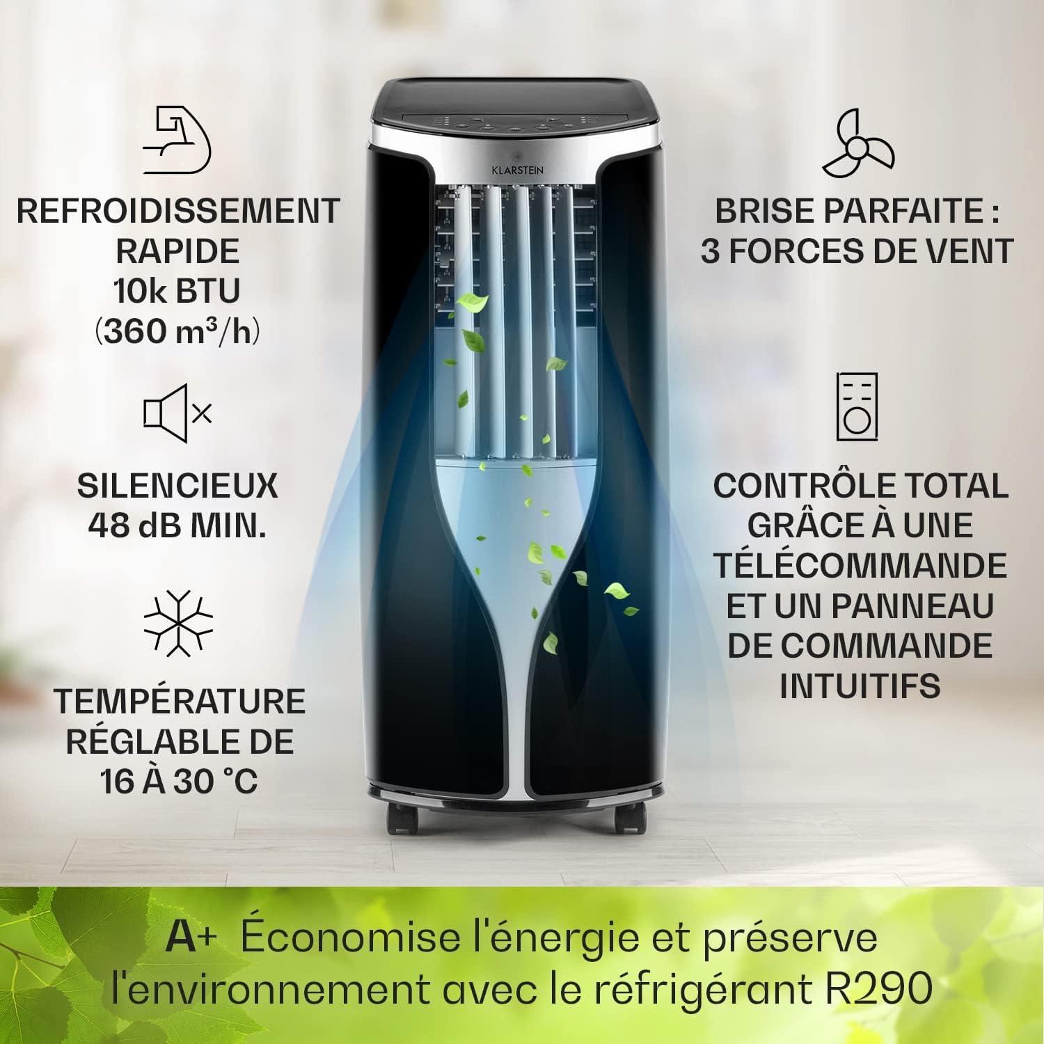 image:imageKlarstein Mini Climatiseur Mobile Silencieux 3 en 1 Mode Nuit Dshumidificateur Ventilateur Faible Conso Evacuation Clim Portable Puissant 10000 BTUNoirArgent