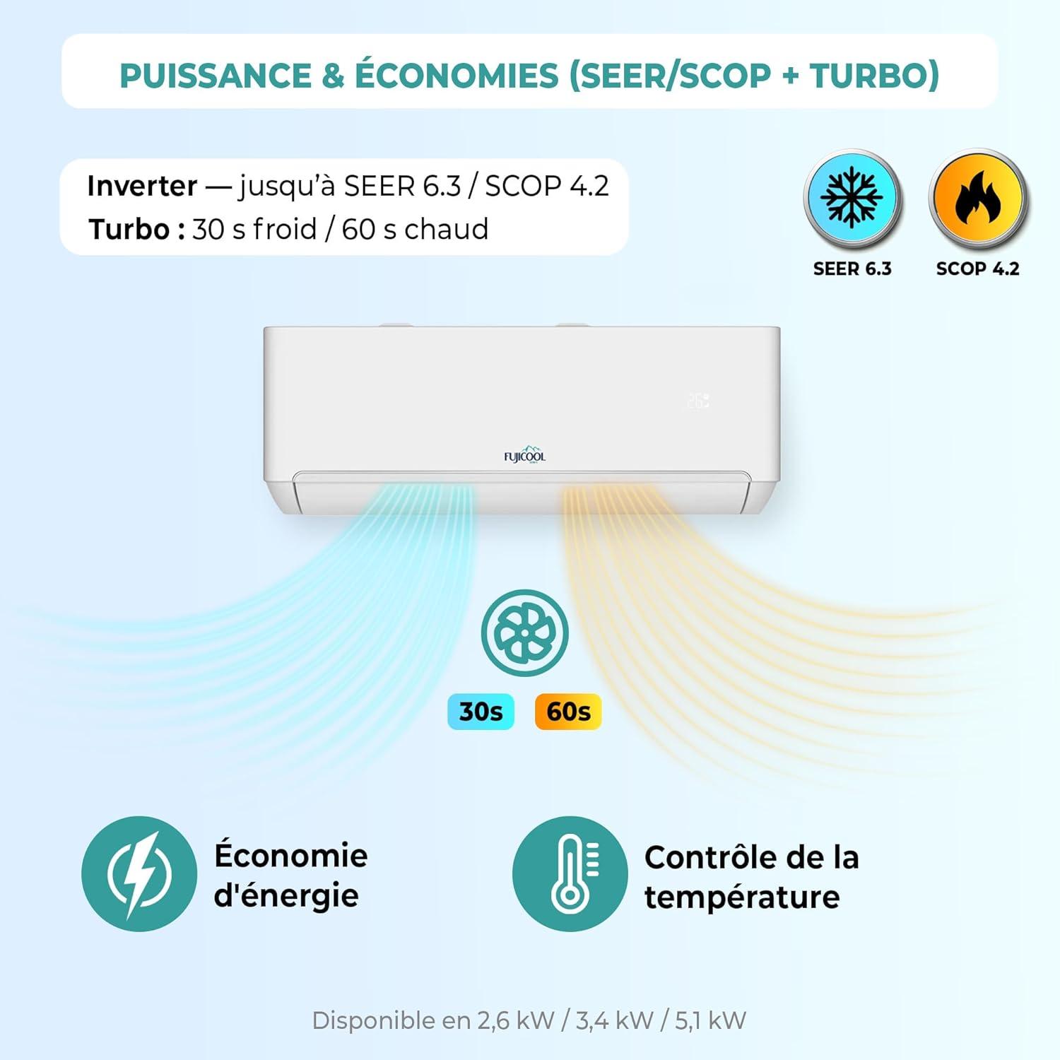 image:imageTPRO Climatiseur rversible Split Inverter WiFi 12000 BTU ultra silencieux 19 dB R32 FreeMatch Autoclean IFEEL A refroidissement A chauffage TUYA