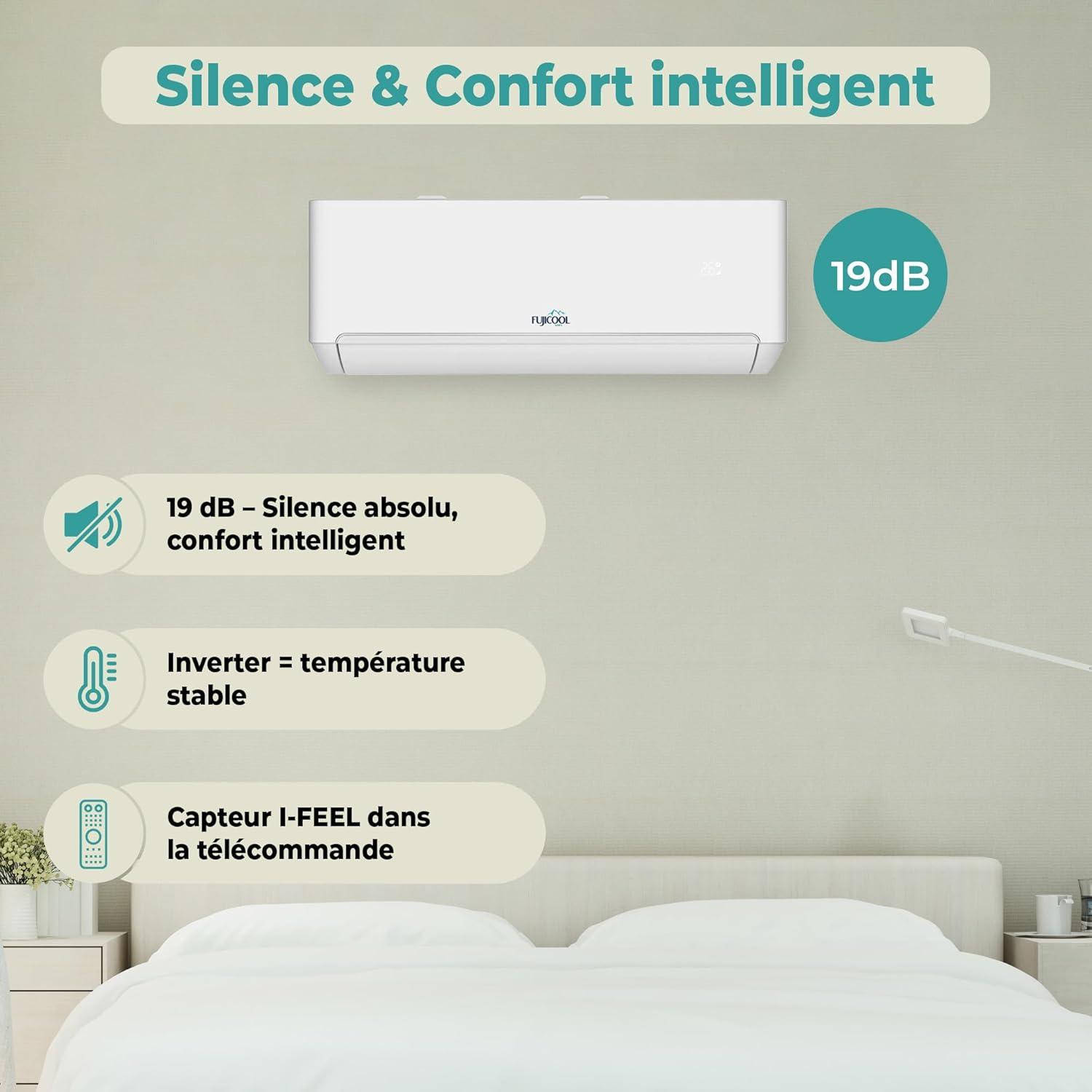 image:imageTPRO Climatiseur rversible Split Inverter WiFi 12000 BTU ultra silencieux 19 dB R32 FreeMatch Autoclean IFEEL A refroidissement A chauffage TUYA