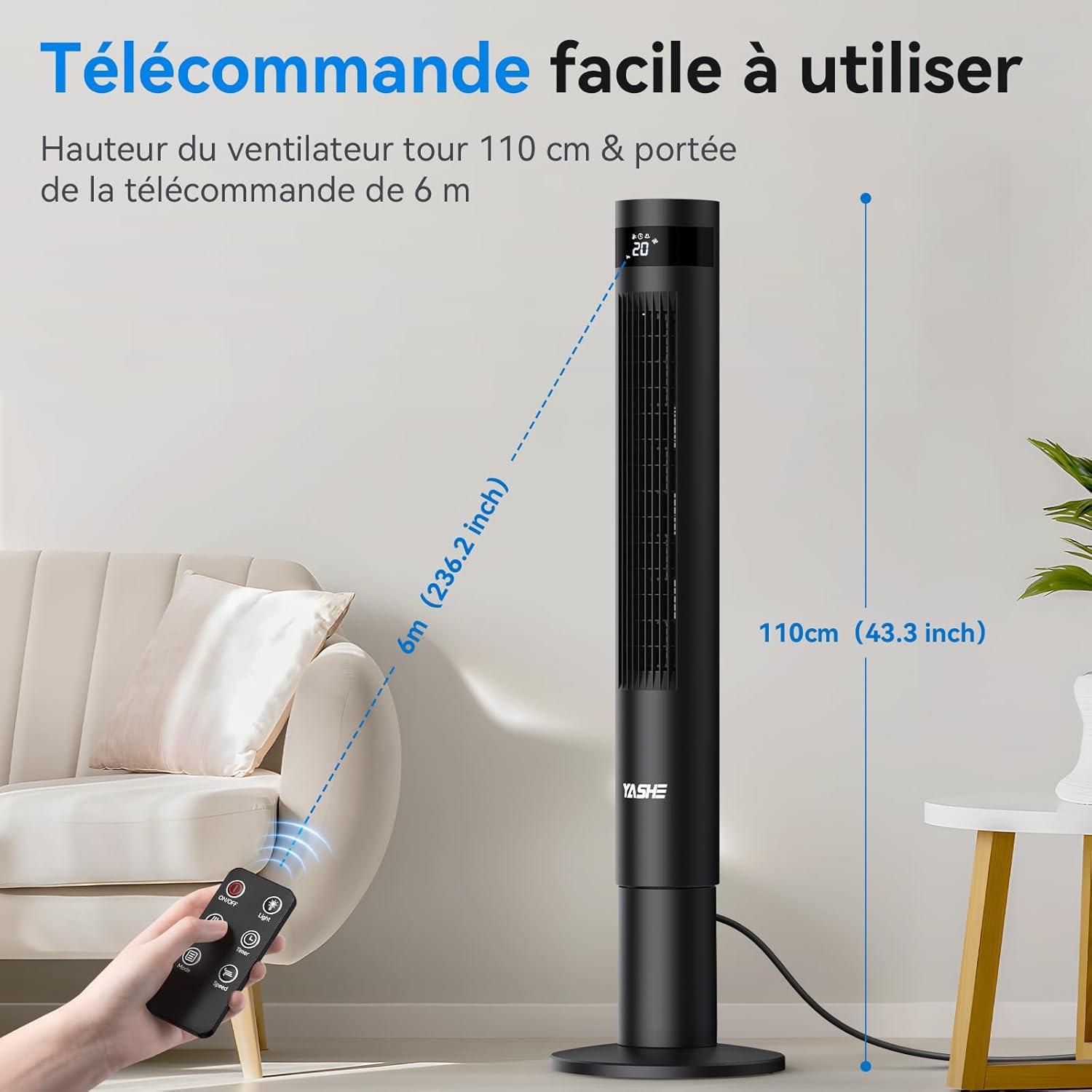 image:imageYASHE 43 Colonne Ventilateur Ventilateur Colonne Silencieux 28dB Ventilateur Climatiseur Oscillant 85 avec Ventilateur Tour avec tlcommande Minuterie 12h 3 Vitesses 3 Modes de Vent
