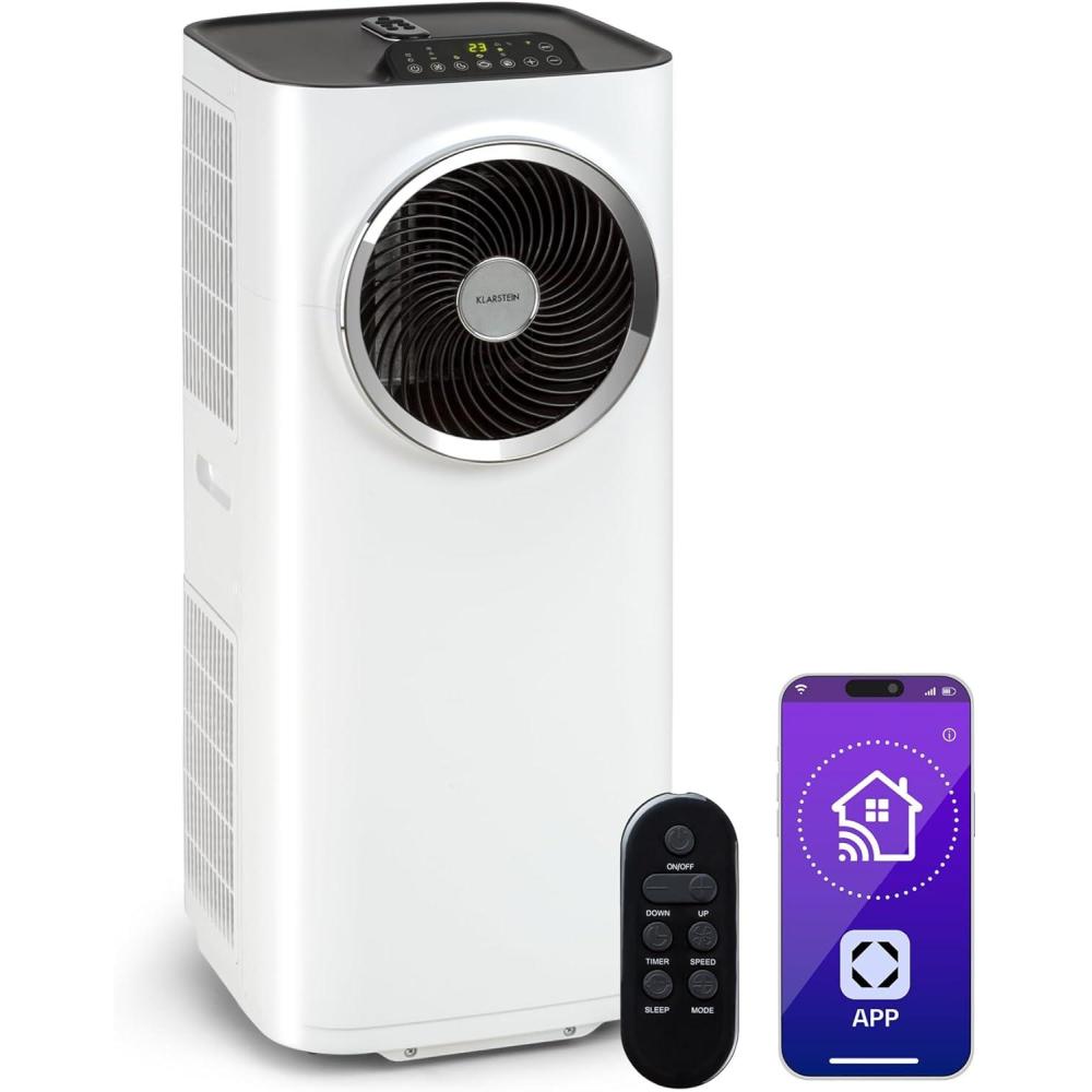 image:imageKlarstein Climatiseur Mobile Silencieux Smart Climatisation Portable 5 en 1 Mini Clim Purificateur et Elimination Odeurs Dshumidificateur dAir Mode Nuit Faible Conso 12K BTU ClimatiseursBlanc