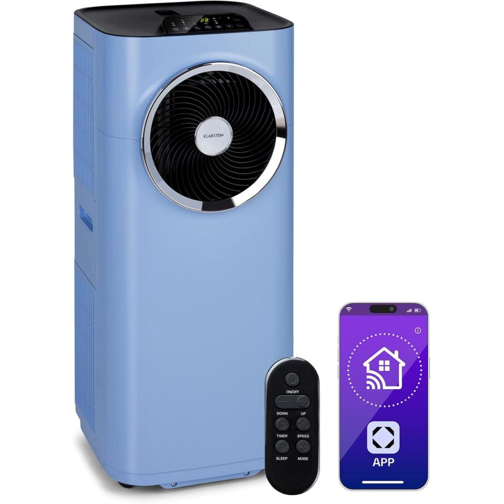 image:imageKlarstein Climatiseur Mobile Silencieux Smart Climatisation Portable 5 en 1 Mini Clim Purificateur et Elimination Odeurs Dshumidificateur dAir Mode Nuit Faible Conso 12K BTU ClimatiseursBleu Pastel