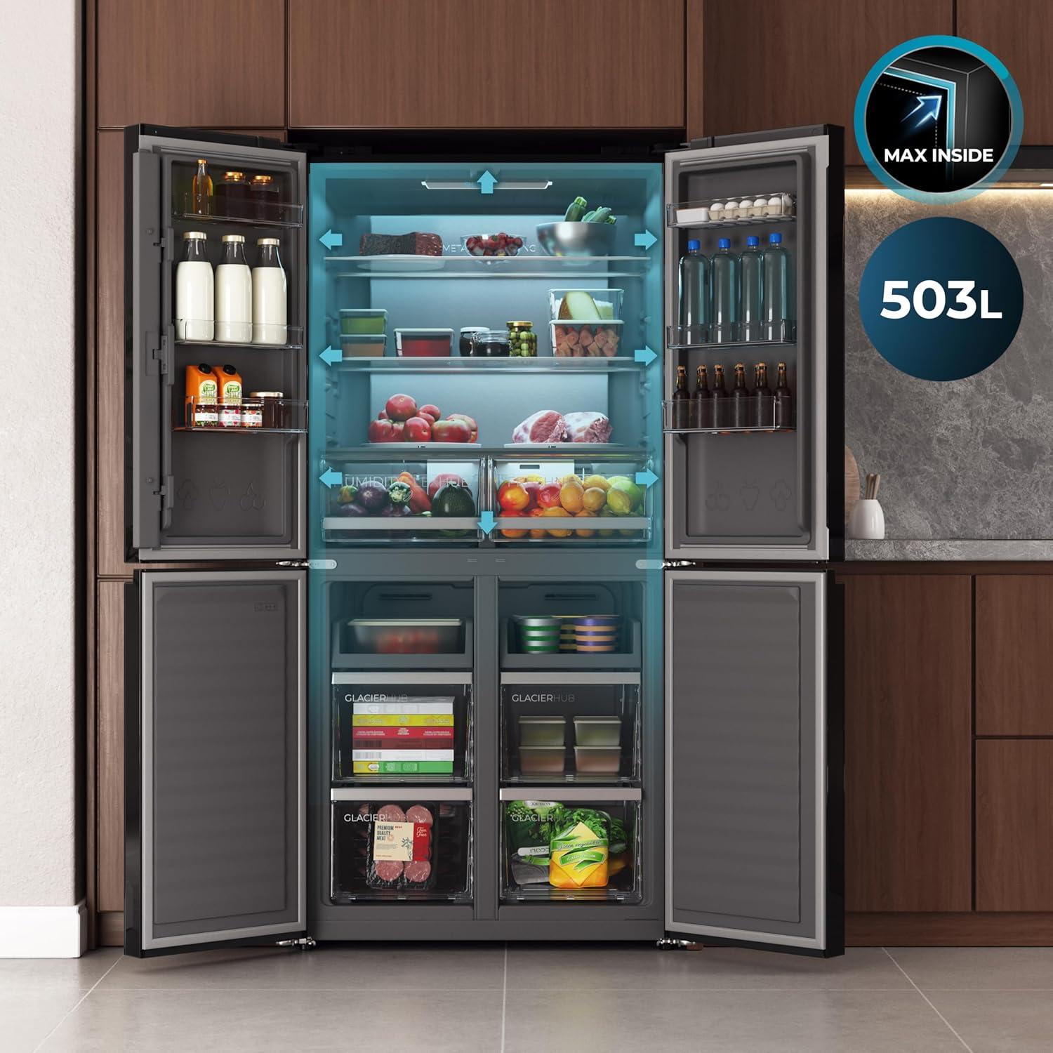 image:imageCecotec Rfrigrateur 4 Portes Total No Frost Bolero CoolMarket 4D 394 Inox E394 Litres Hauteur 170 cm et 70 cm Largeur Tiroir Temprature Variable Compresseur Inverter ATT AntibactrienNoir Verre