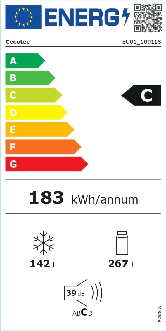 image:imageCecotec Rfrigrateur Combi 409L No Frost Bolero CoolMarket Combi 409 Black Glass C Hauteur 185cm MAX INSIDE avec VIP Tech Compresseur Inverter Plus Basse Consommation Tiroir Temprature VariableNoir Verre