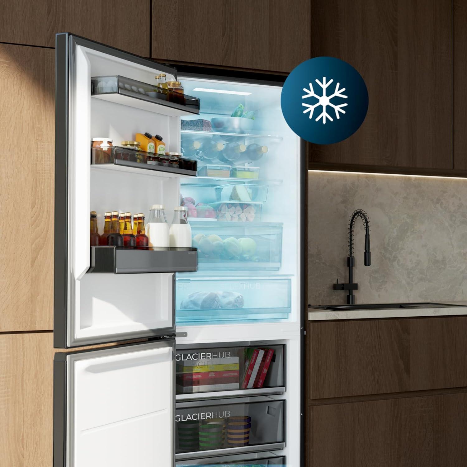 image:imageCecotec Rfrigrateur Combi 409L No Frost Bolero CoolMarket Combi 409 Black Glass C Hauteur 185cm MAX INSIDE avec VIP Tech Compresseur Inverter Plus Basse Consommation Tiroir Temprature VariableNoir Verre