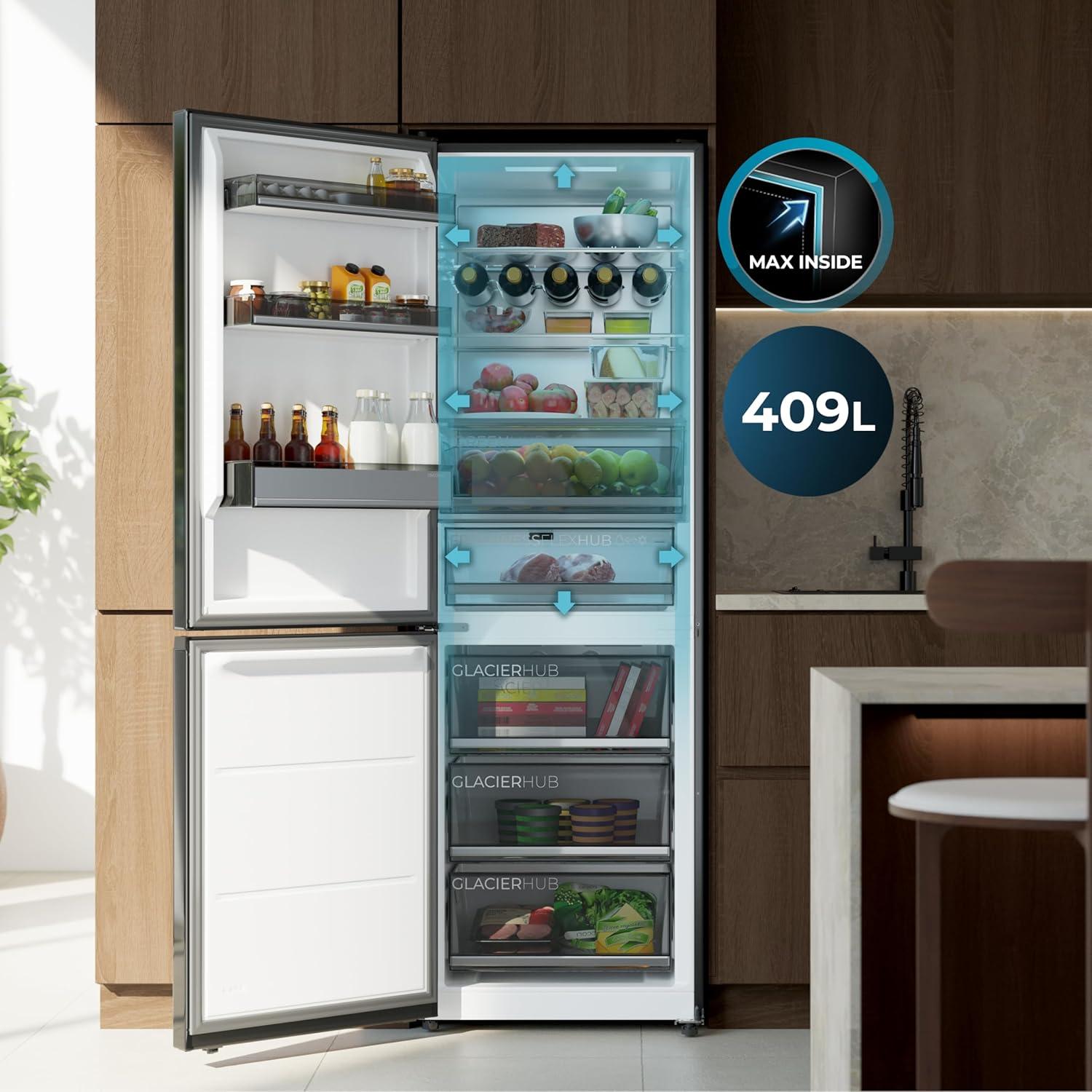image:imageCecotec Rfrigrateur Combi 409L No Frost Bolero CoolMarket Combi 409 Black Glass C Hauteur 185cm MAX INSIDE avec VIP Tech Compresseur Inverter Plus Basse Consommation Tiroir Temprature VariableNoir Verre