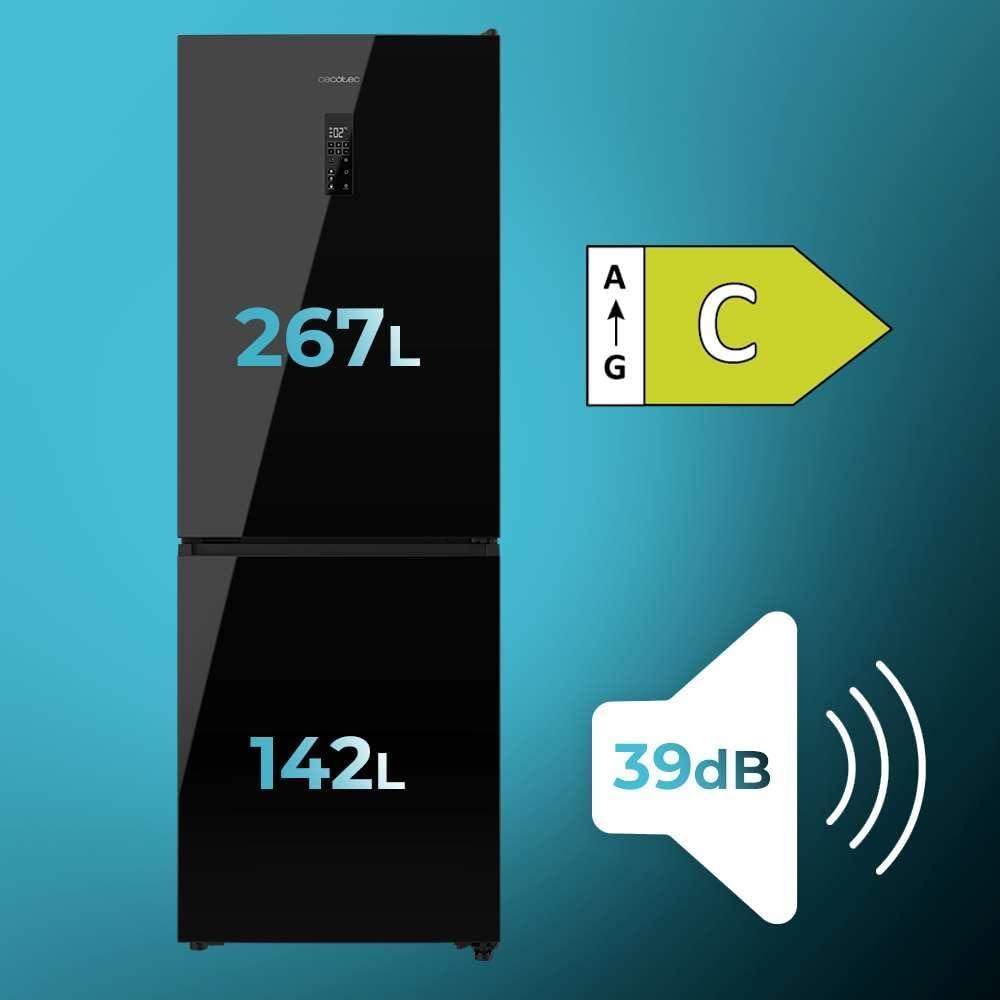 image:imageCecotec Rfrigrateur Combi 409L No Frost Bolero CoolMarket Combi 409 Black Glass C Hauteur 185cm MAX INSIDE avec VIP Tech Compresseur Inverter Plus Basse Consommation Tiroir Temprature VariableNoir Verre