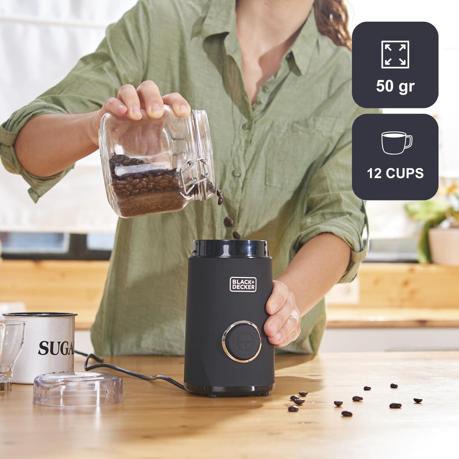 image:imageBLACKDECKER BXCG150E Moulin Caf lectrique 150 W Rservoir Grains 50 g Lames et Rservoir en Acier Inoxydable Broyage Fin Rangement de cble NoirSimple Inox