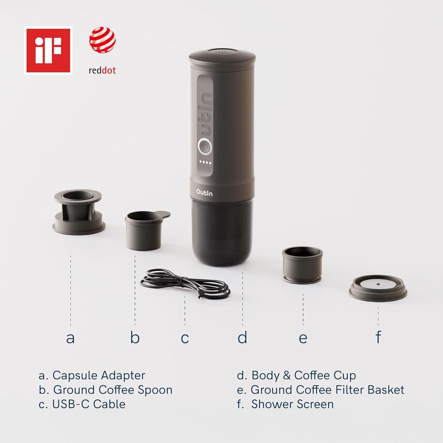 image:imageOutIn Nano Machine caf expresso lectrique portable Autochauffante avec Charge USBC Compatible Caf Moulu amp Capsules NS Idale pour Camping Voyage Randonne VRSpace Grey