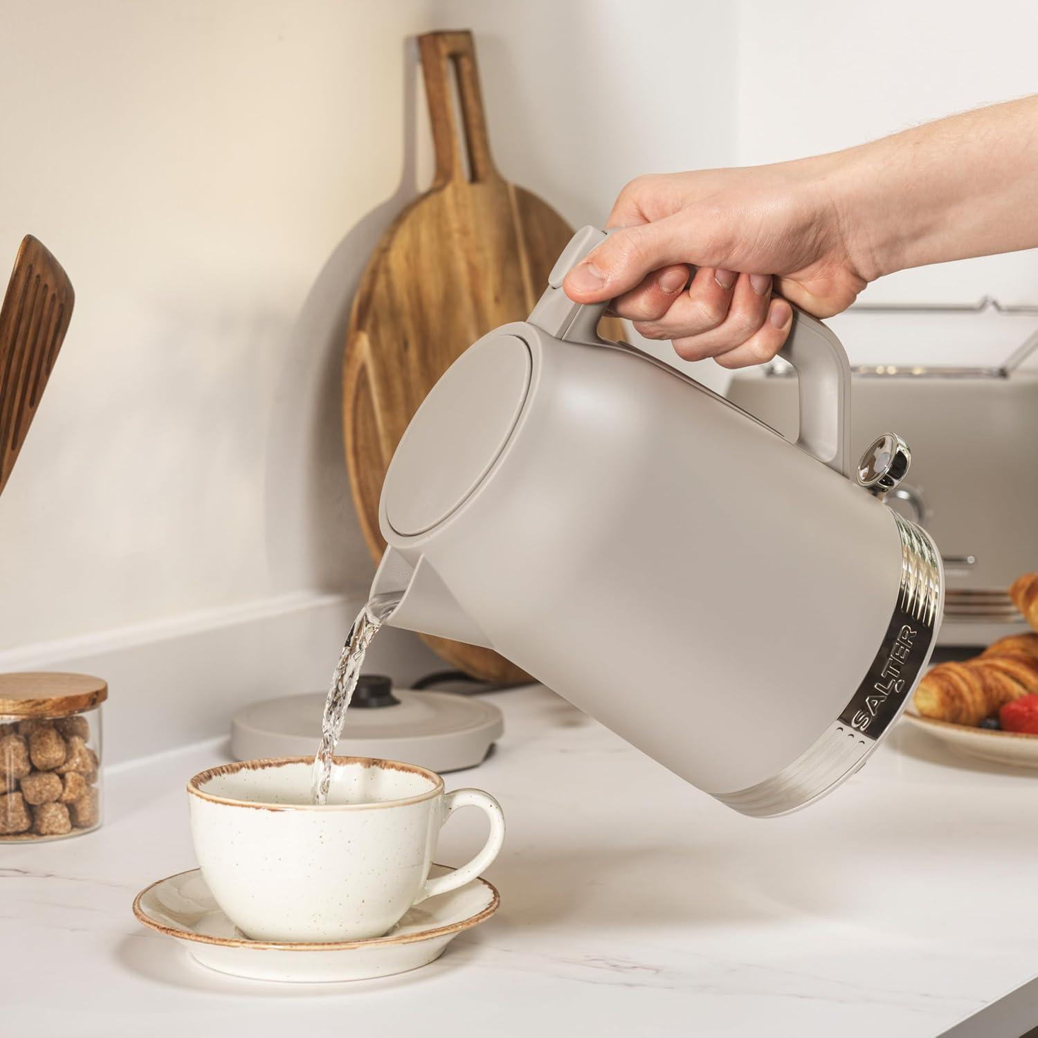 image:imageSalter Rise Machine caf filtre Cafetire filtre instantane carafe en verre 15L indicateur de niveau deau cuillre doseuse espresso arrt automatique 900W taupeBouilloire