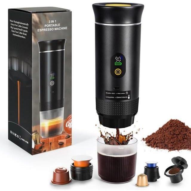 image:imageLAMA Mini machine caf portable Machine expresso lectrique Compatible avec les capsules et la poudre Chauffage instantan pour le camping et les voyages GrisNoir Amlioravec Prise de Voiture